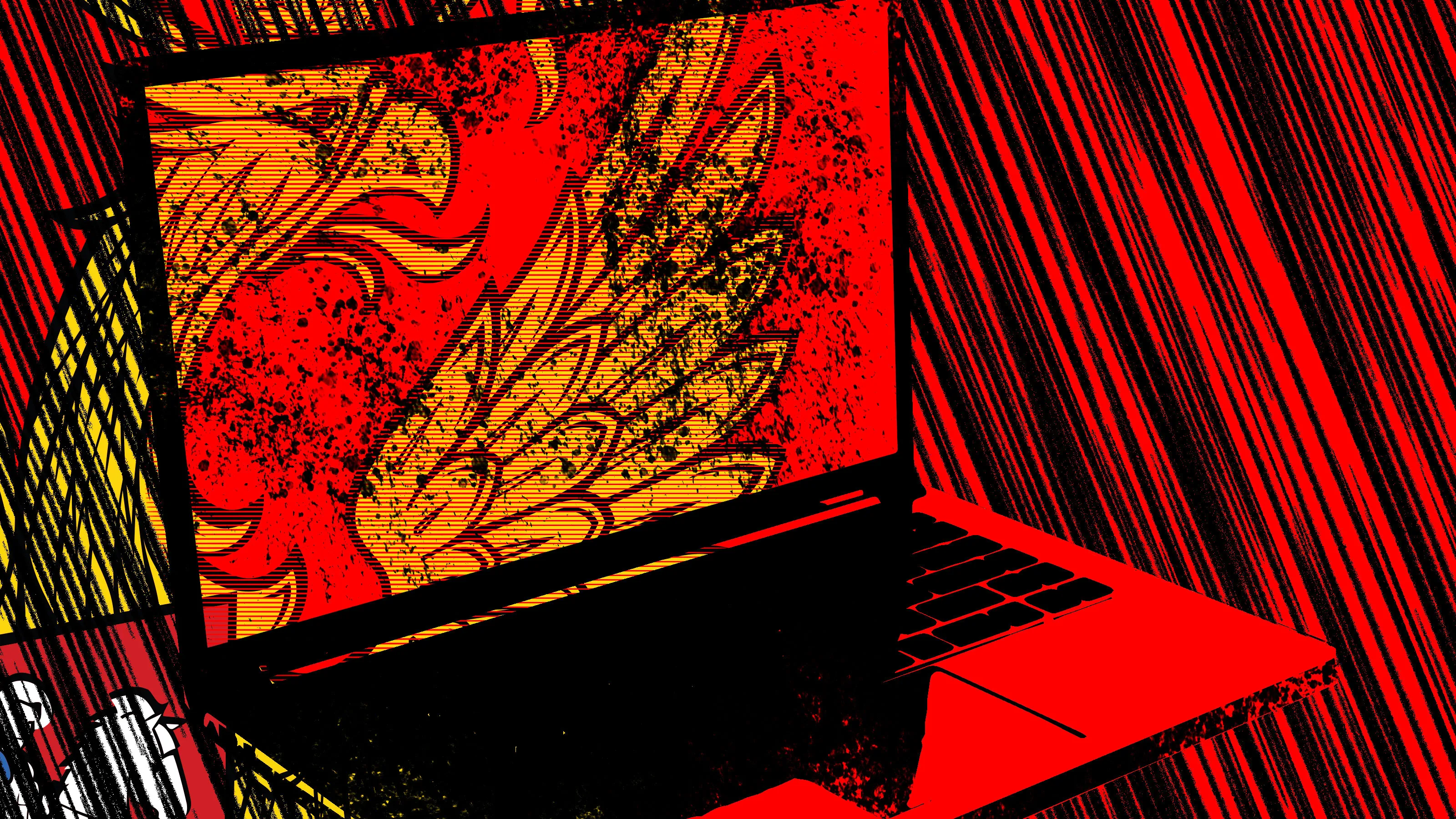 A graphic depiction of open laptop overlaying Red Square in Moscow and the logo of Russia's foreign intelligence service SVR.