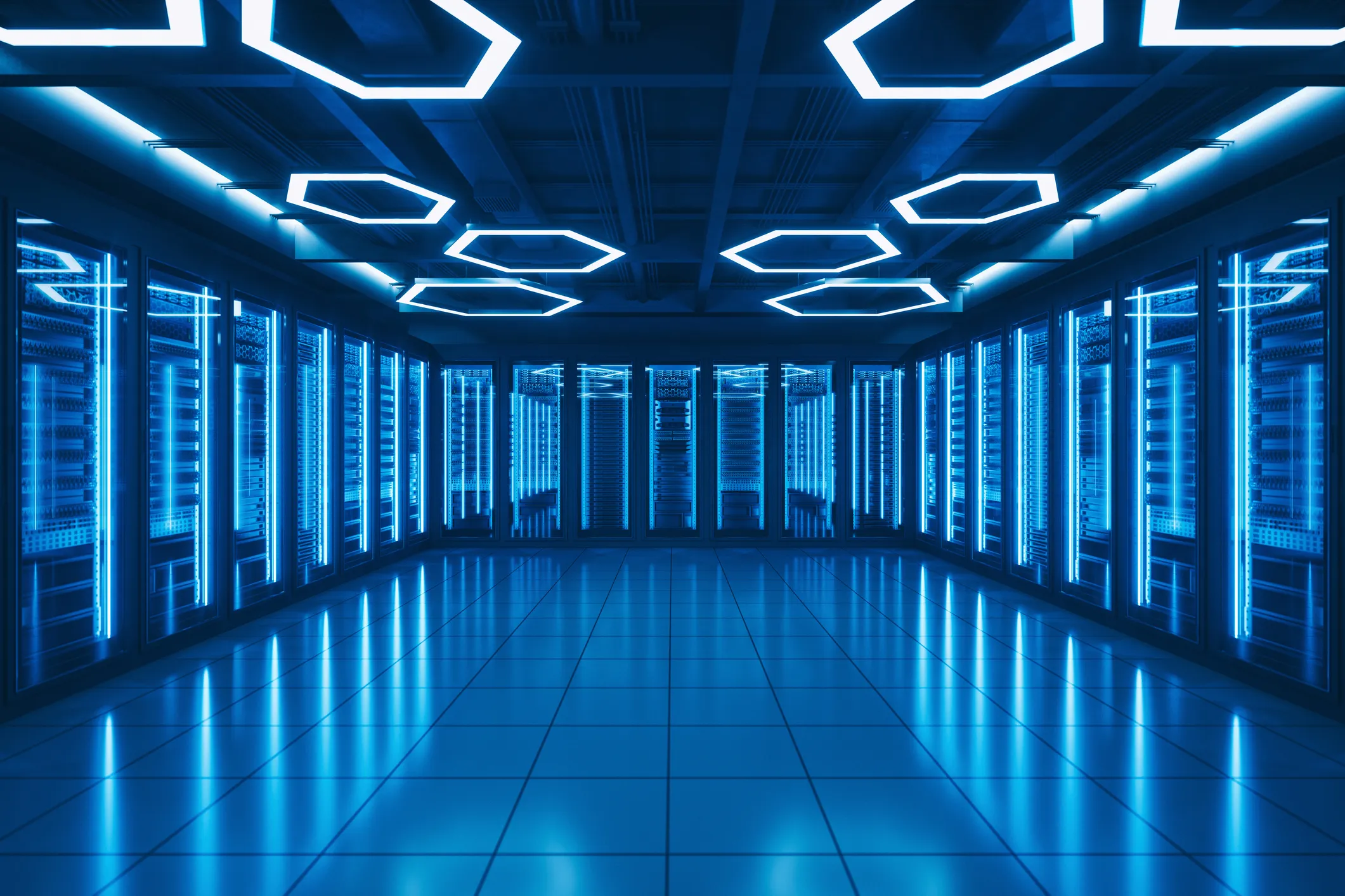 Interior of a futuristic server room.
