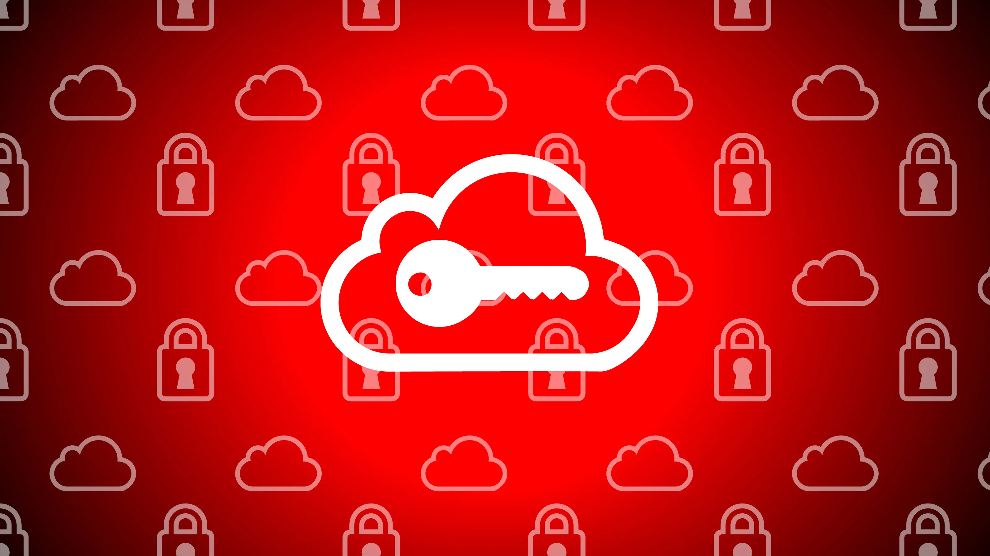 An illustration of a key over a cloud icon, background of cloud and lock icons.