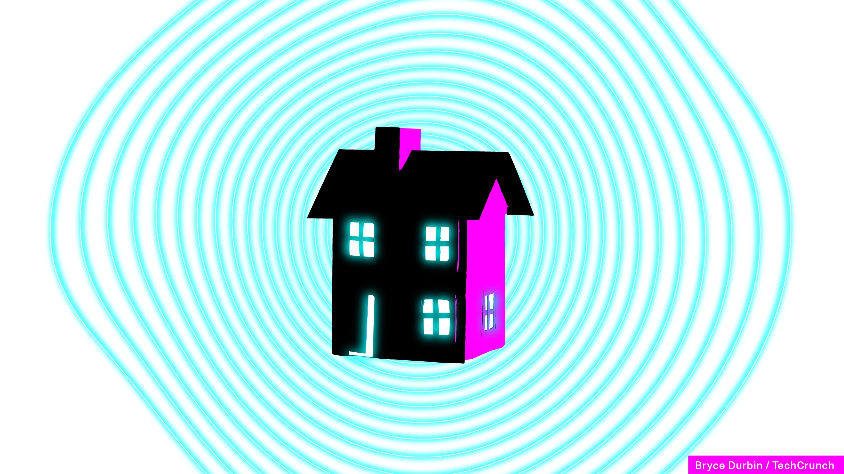 a house glowing with magenta and cyan