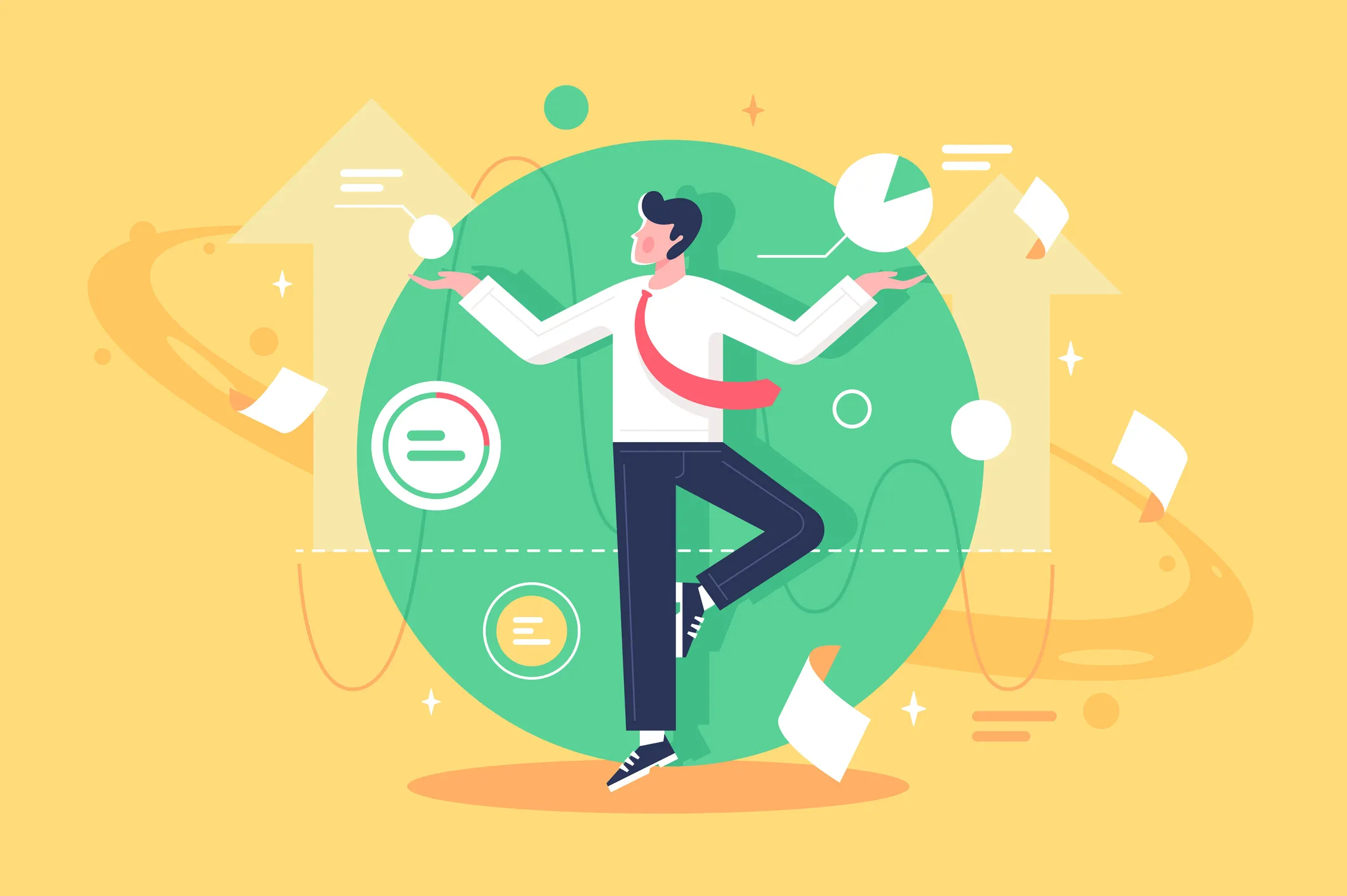 Flat young man employee control data, diagram and paper at work. Concept businessman character with suit engaged in management and stays calm. Vector illustration.