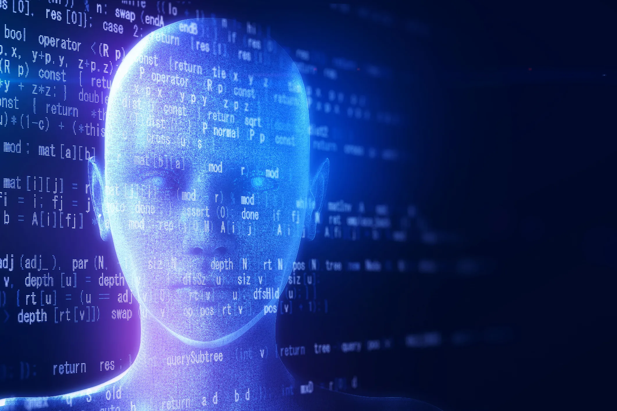 Holographic human type AI robot and programming data on a black background.