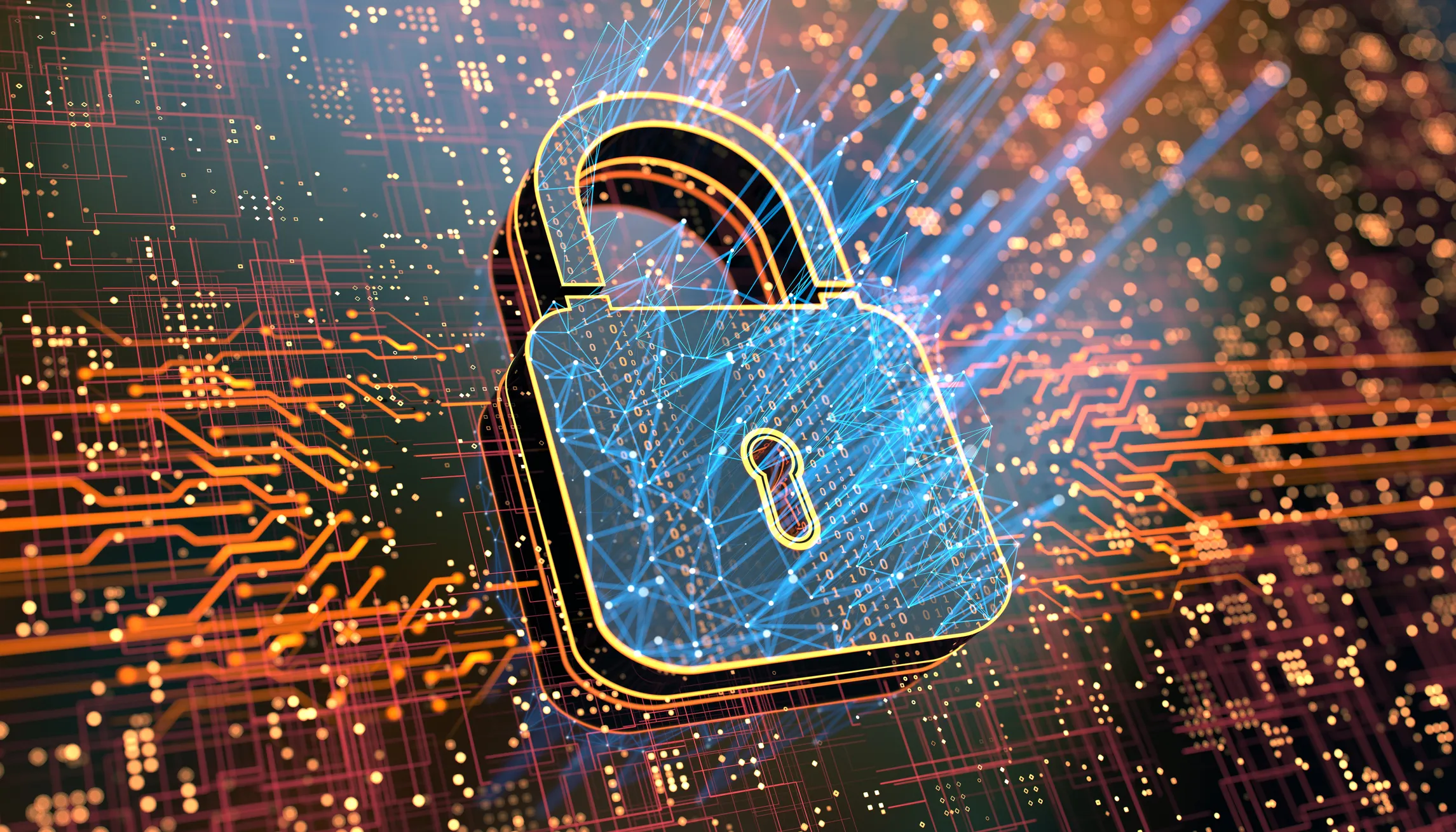 padlock over digital background depicting innovative technologies in security systems, data protection Internet technologies