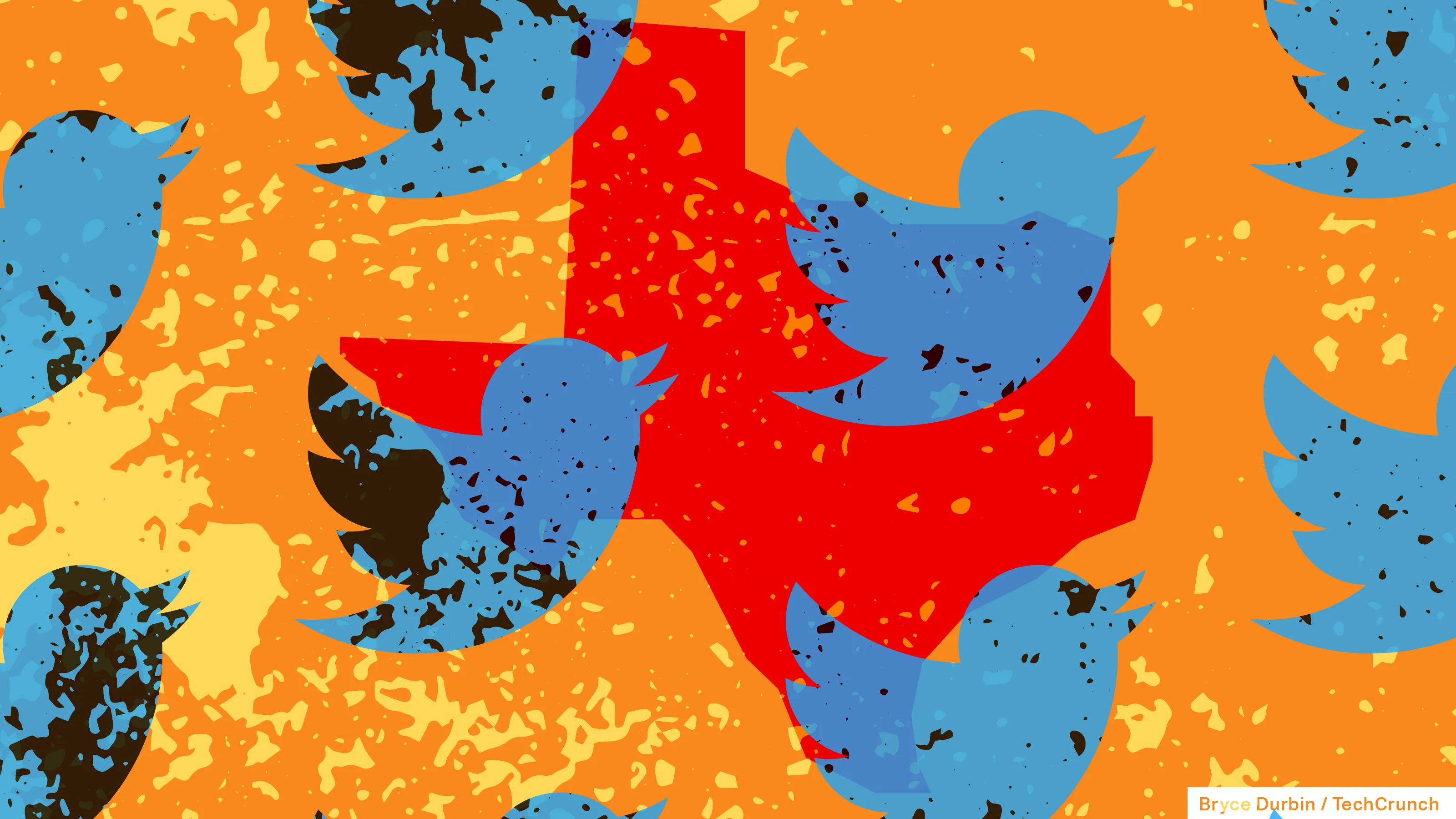 twitter logo over outline of texas