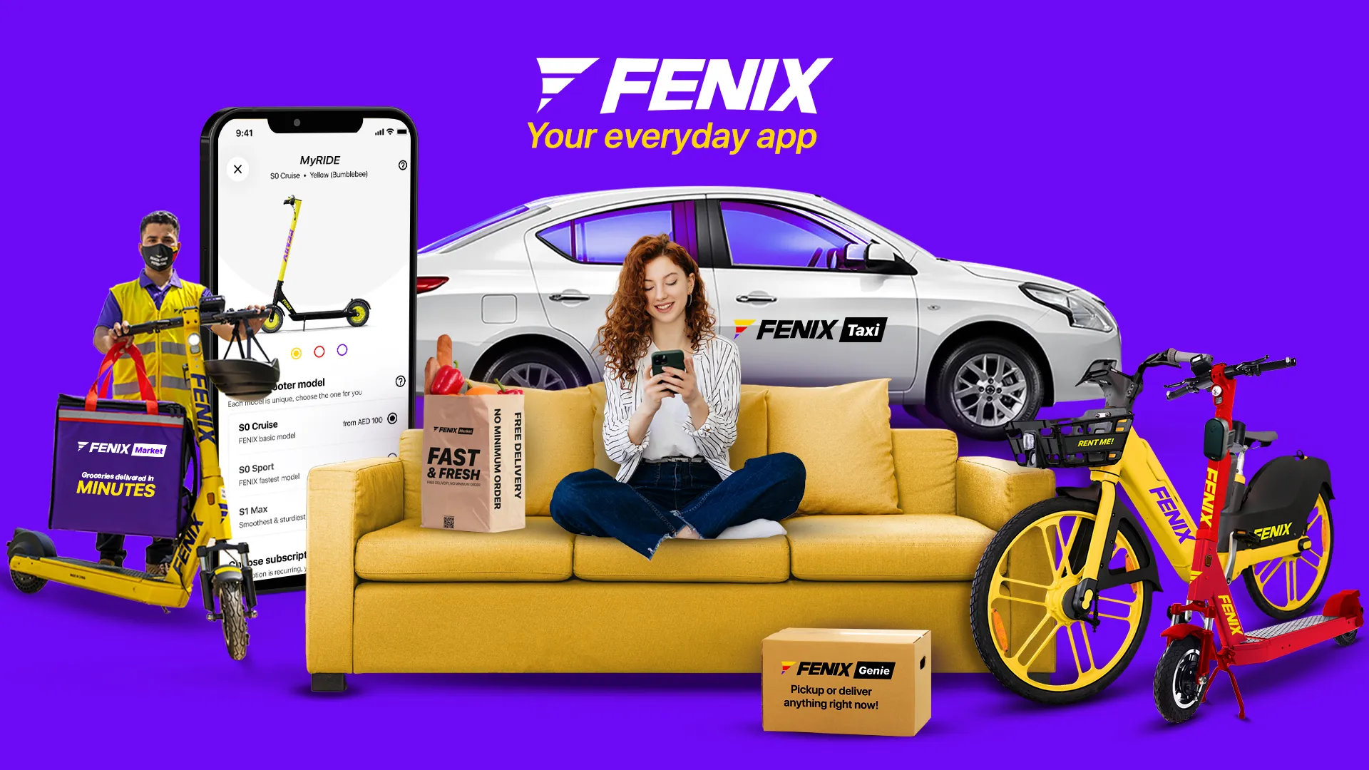 Woman sits on couch with all of Fenix's current and potential mobility products surrounding her