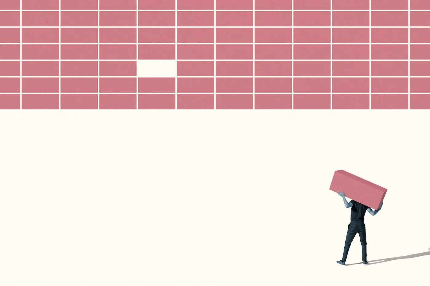 Rear view of young man carrying pink block while standing on white background; building software company
