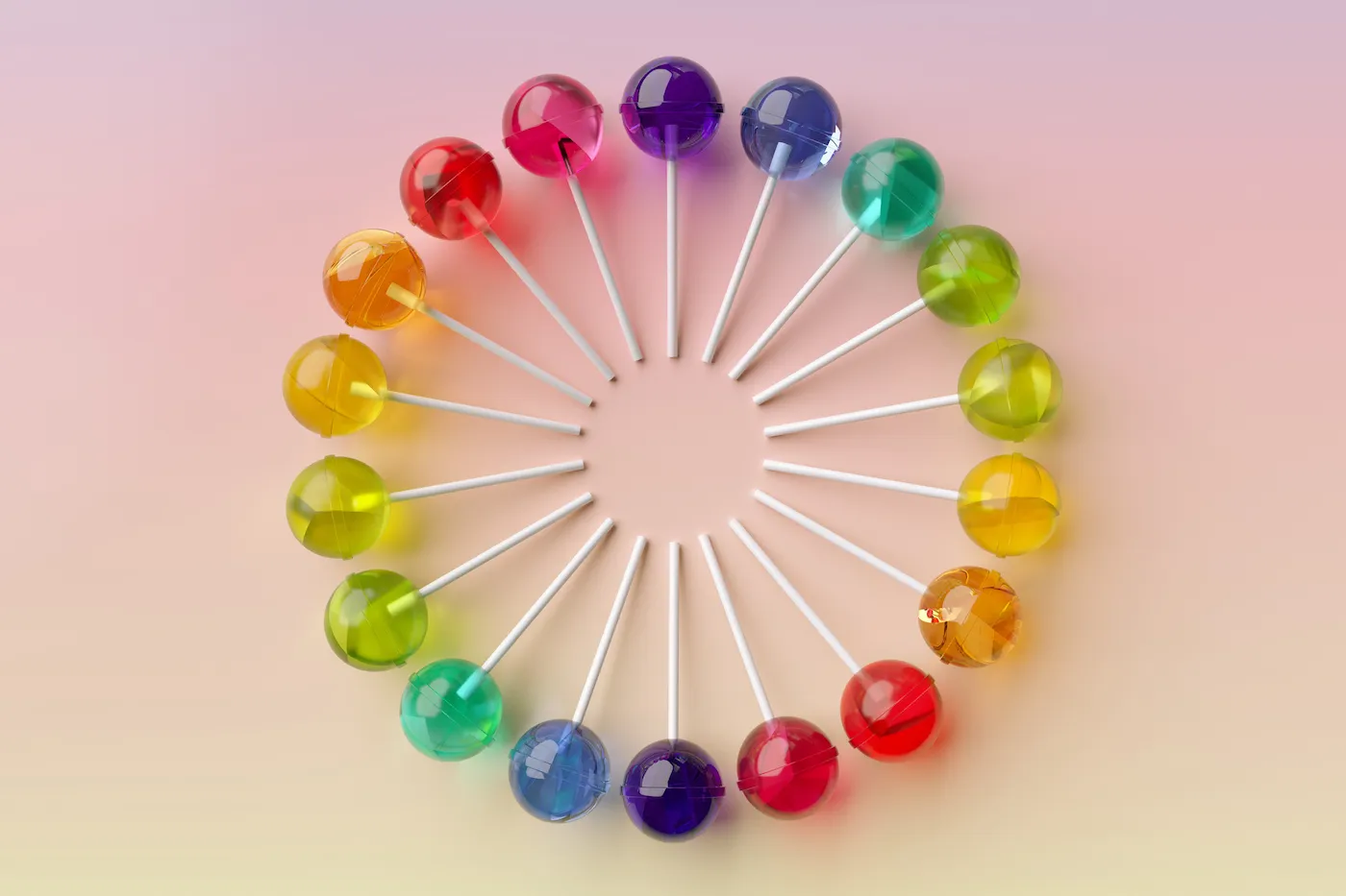 Digital generated image of many lollipop organised into circular pattern on pink surface.