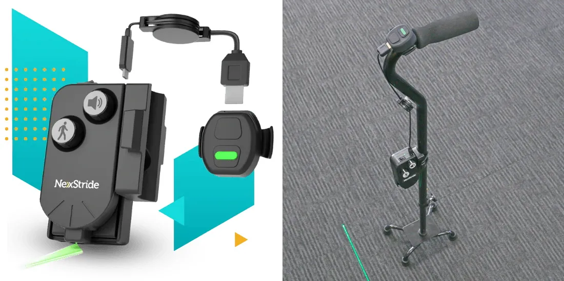 The NexStride device and a picture of it attached to a cane.