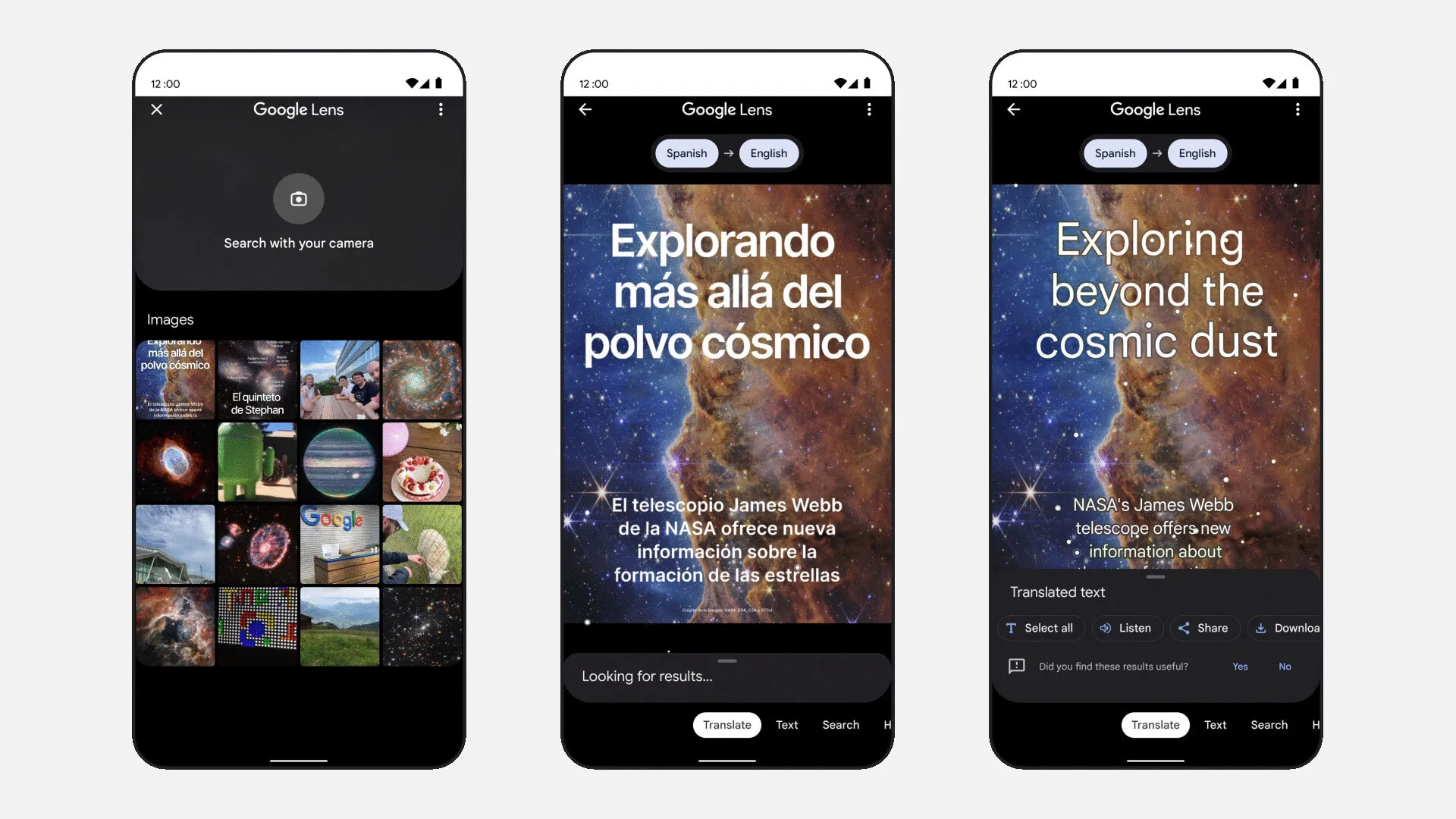 Google screens on 3 mobile phones