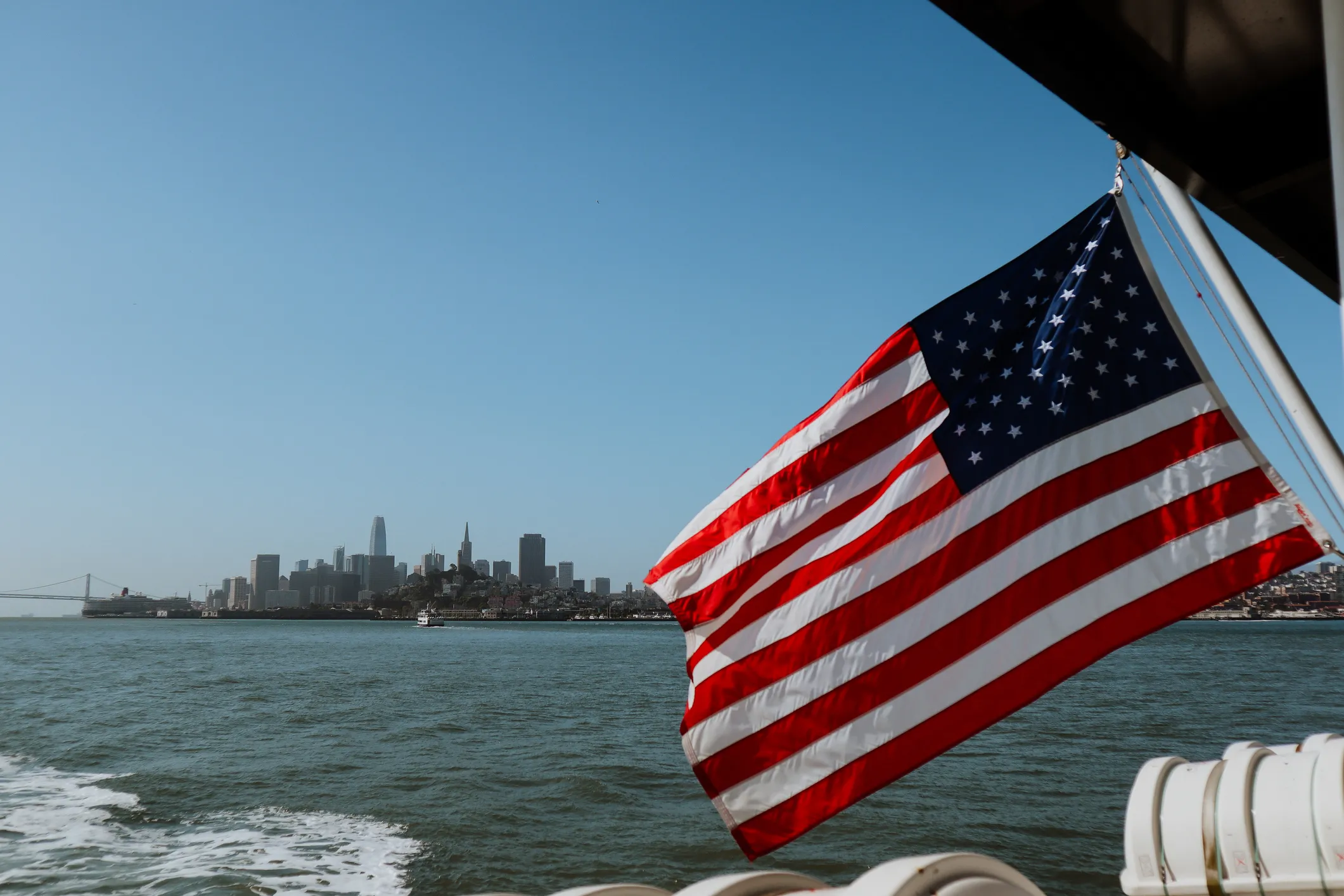 American flag with San-Francisco skyline in the background