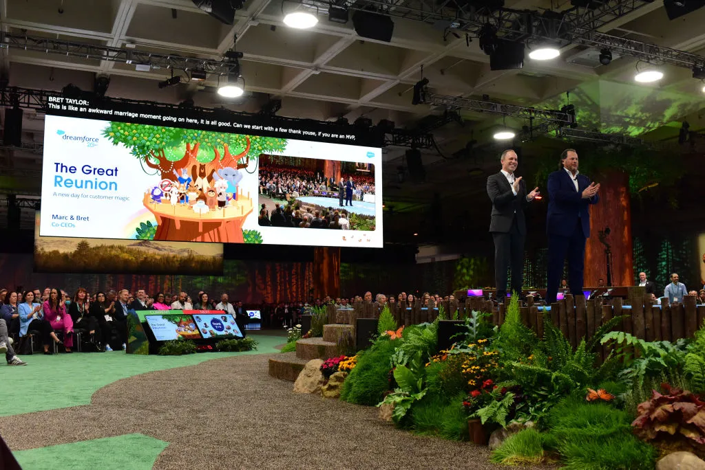 Salesforce co-CEOs Marc Benioff and Bret Taylor on stage at Dreamforce 2022.
