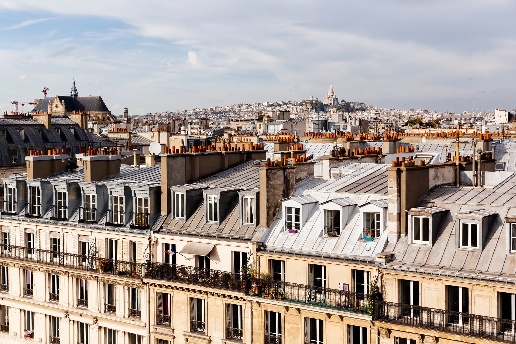 Paris skyline with residential houses rooftops high angle view, Paris, France