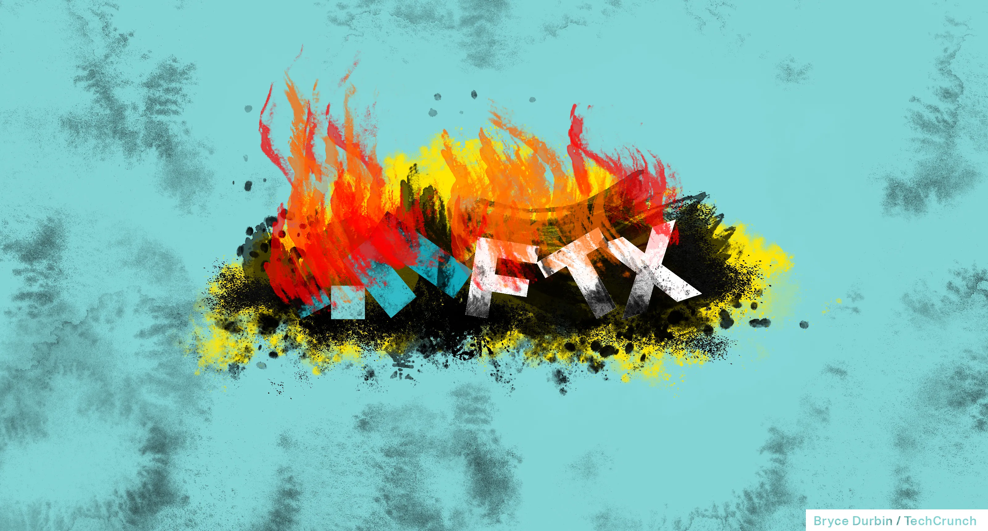 FTX logo broken and on fire