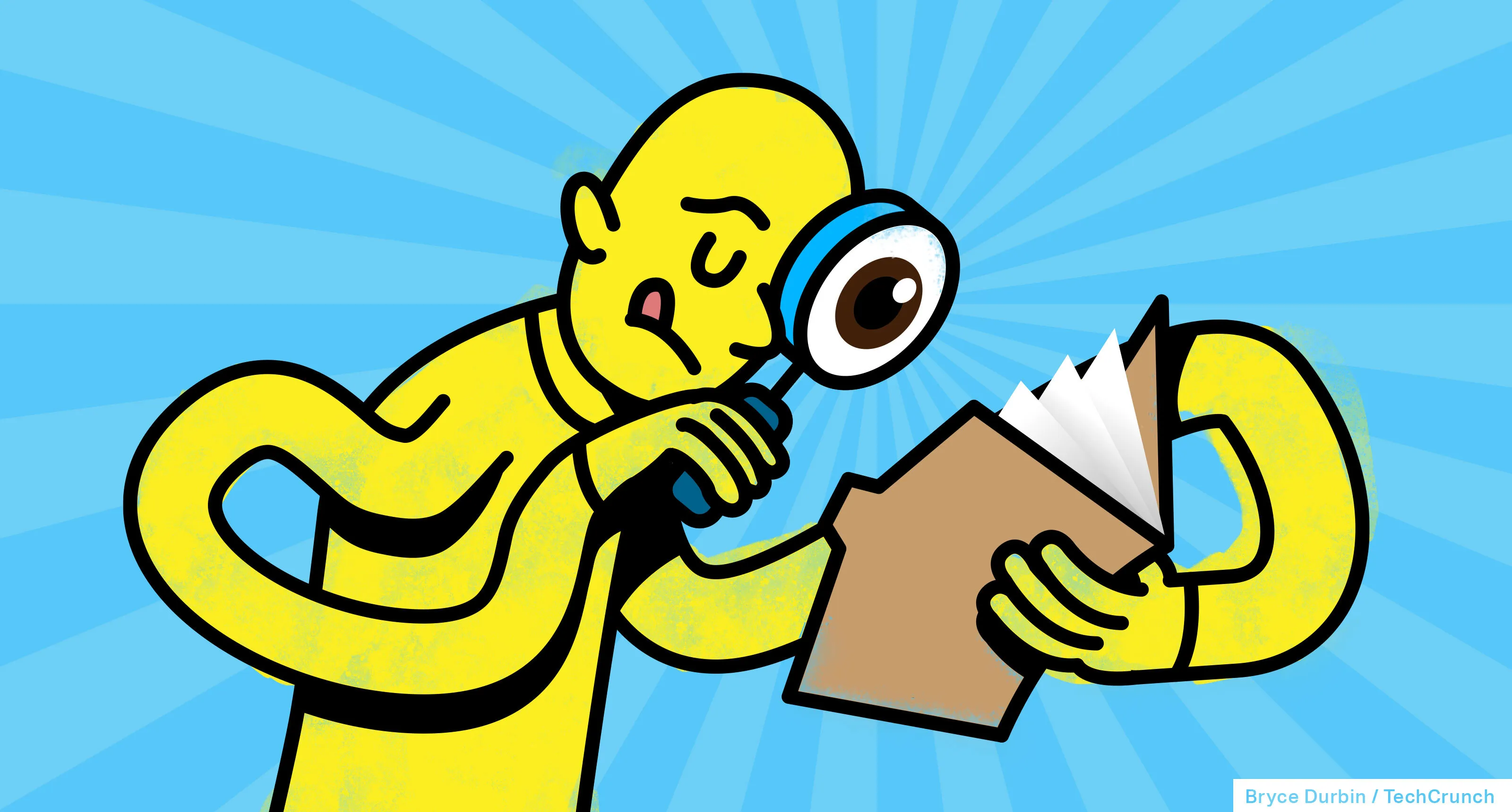 Illustration of cartoon character with magnifying glass examining records.