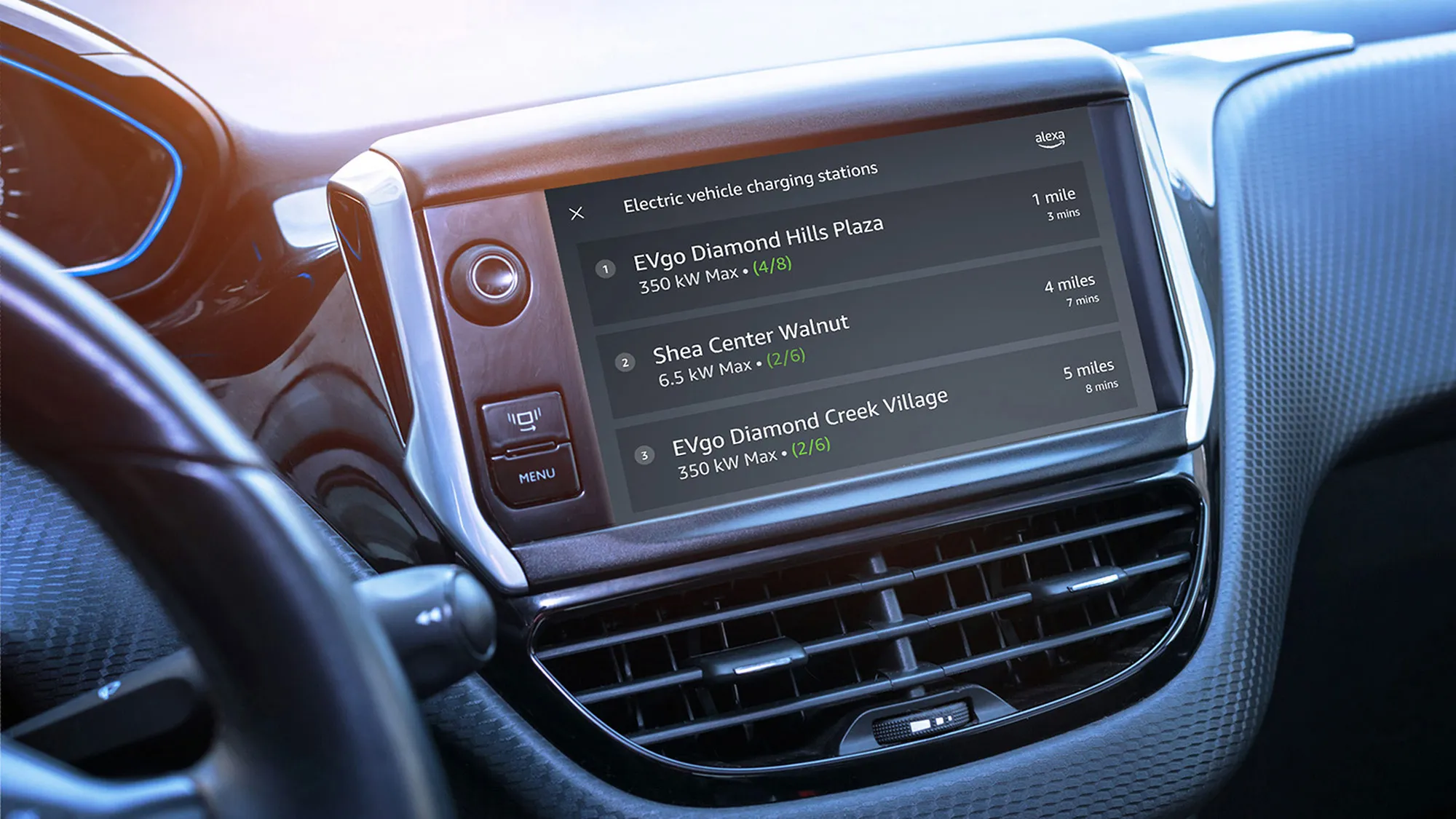 car screen that shows closest EV charging stations