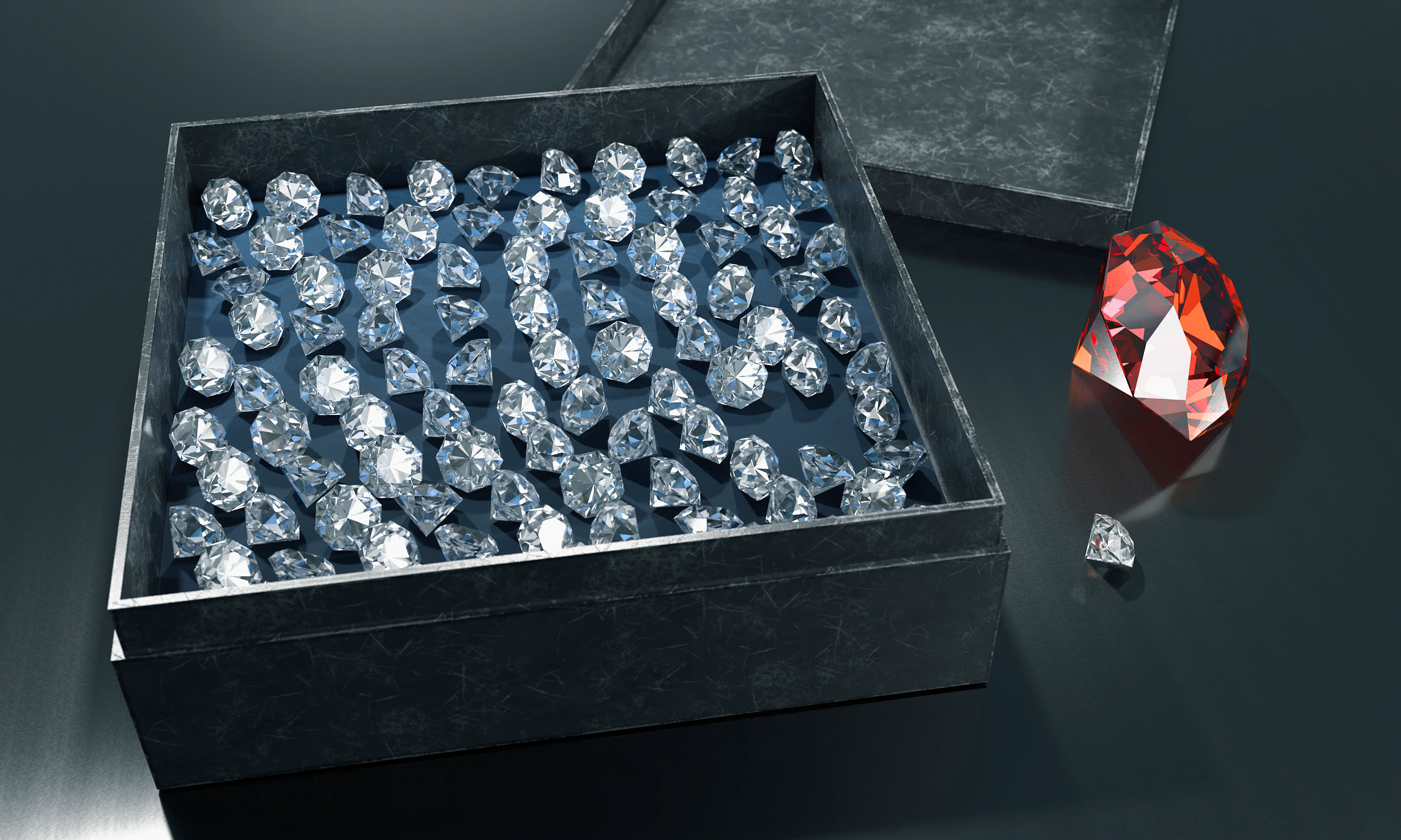 Diamonds in a box with ruby on table