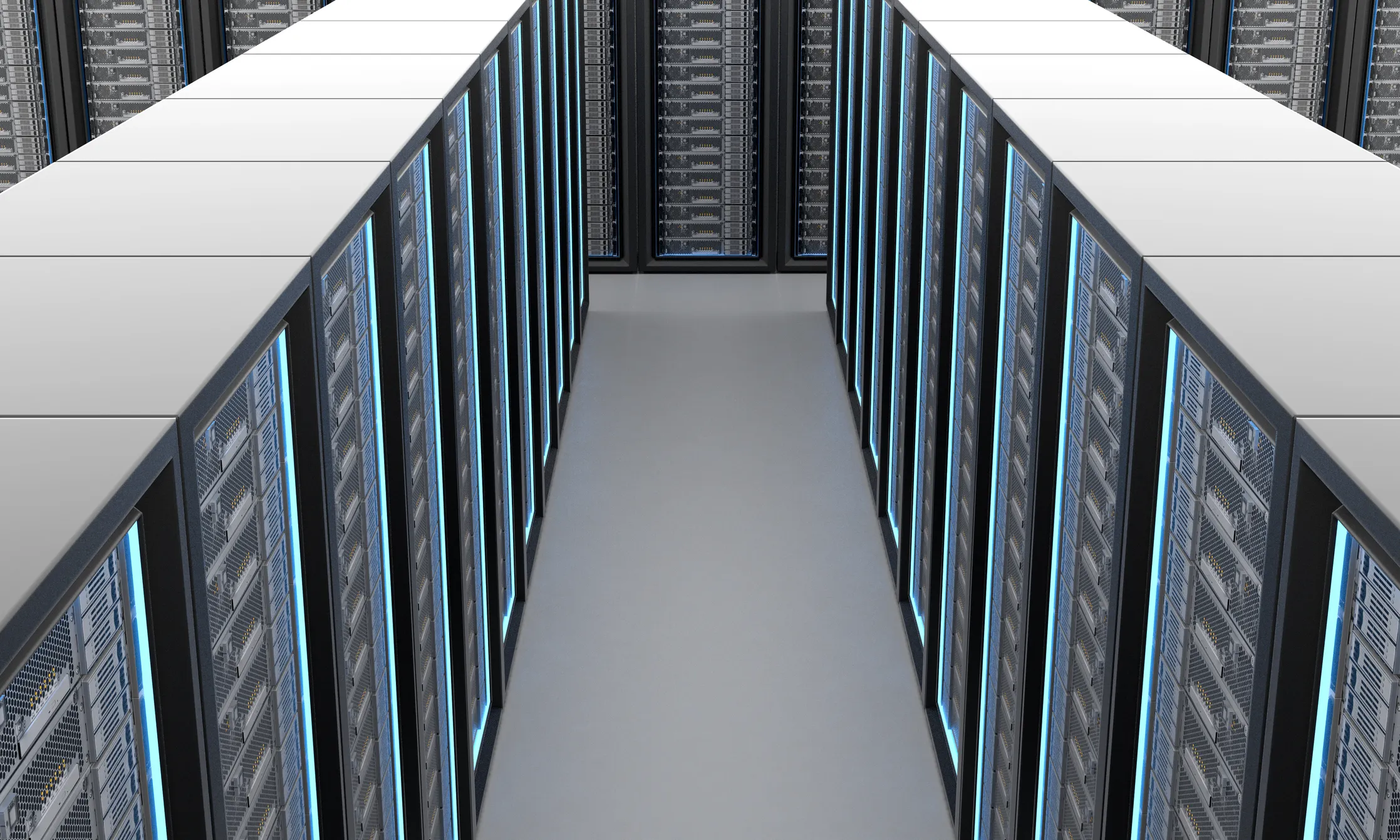 View looking down on servers in a data center.
