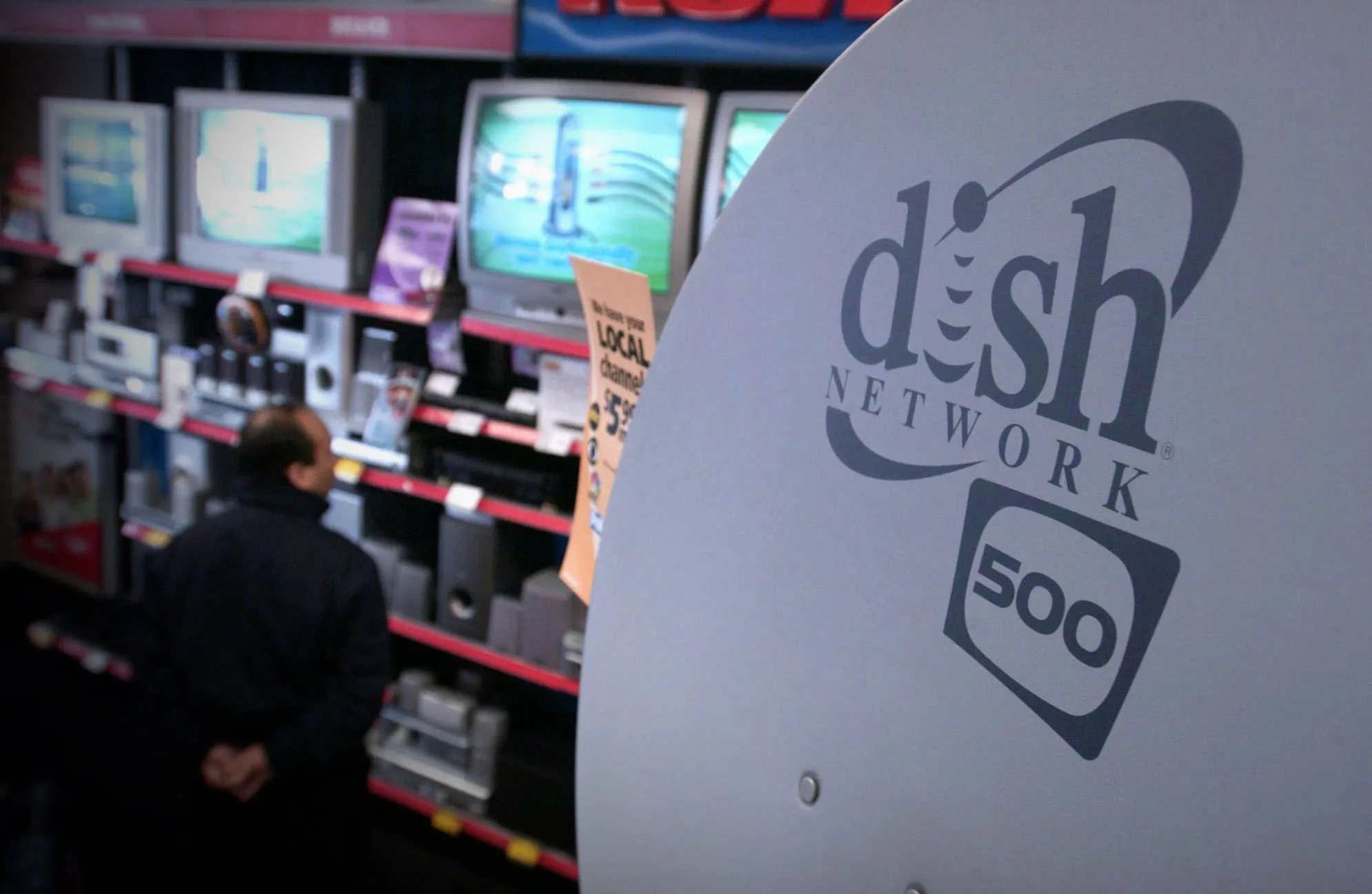 A Dish Network branded satellite dish in a television store