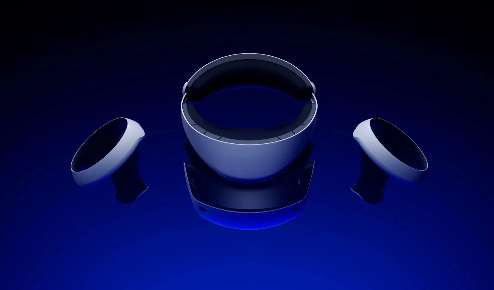 The PlayStation VR2 headset and controllers on a blue background.