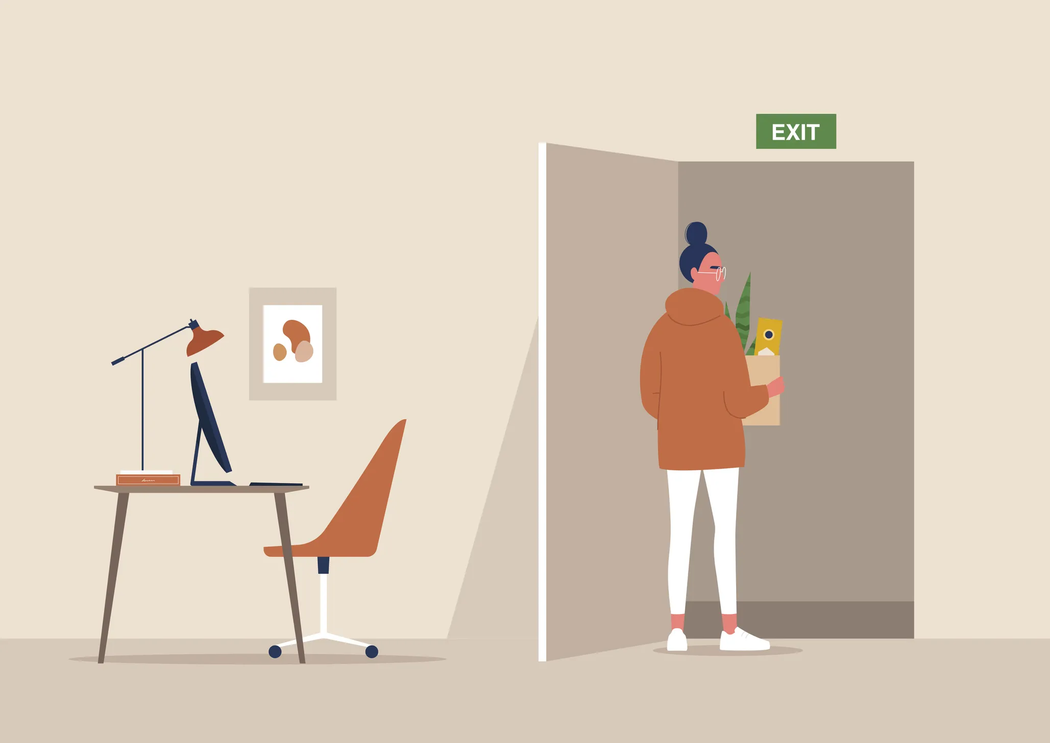 Illustration of young woman with a box leaving her office after being laid off.