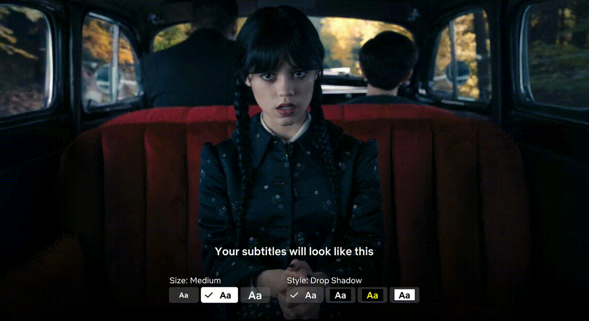 Netflix TV subtitles promo with scene from hit show Wednesday