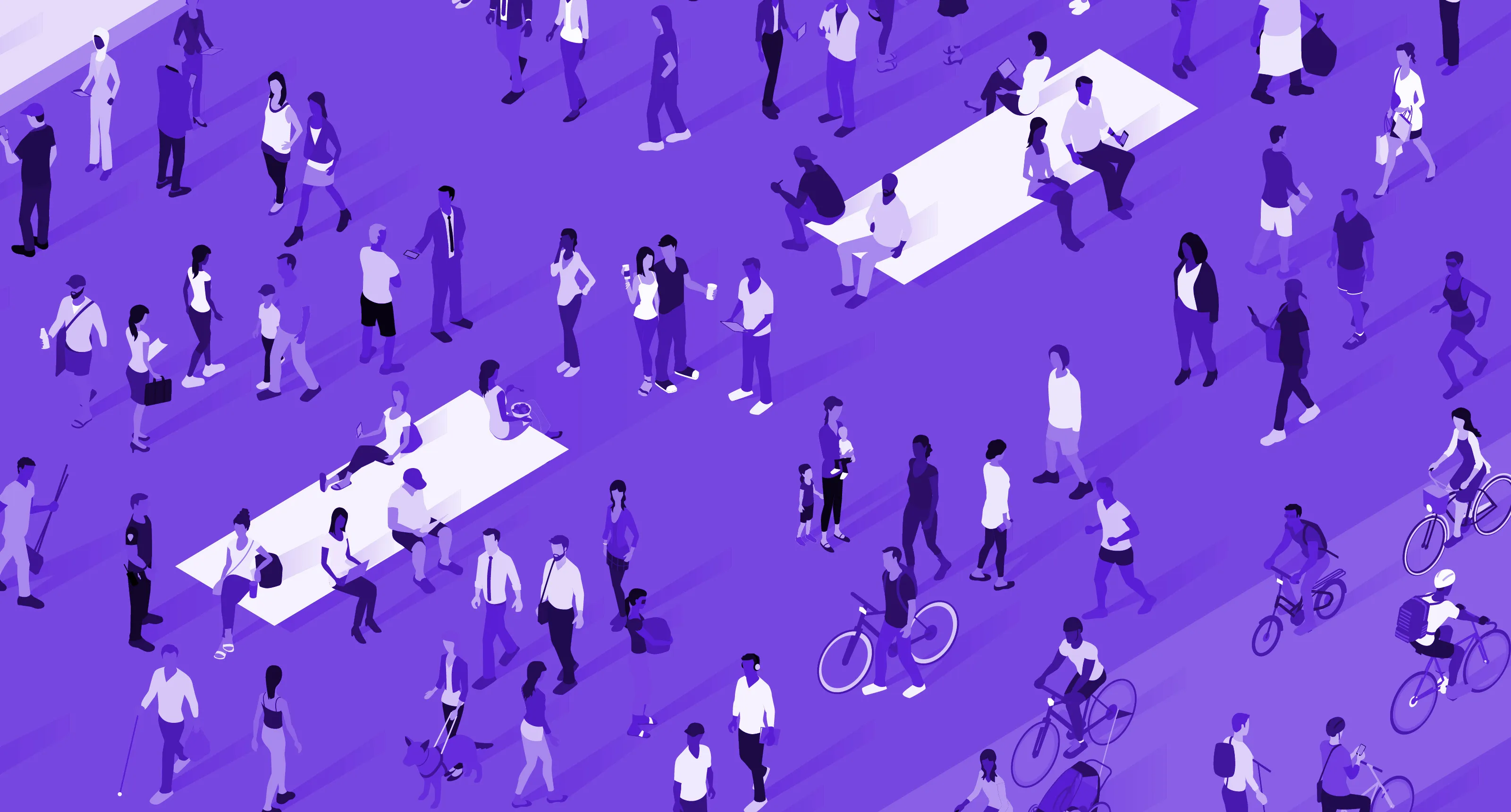 people walking across a purple open space