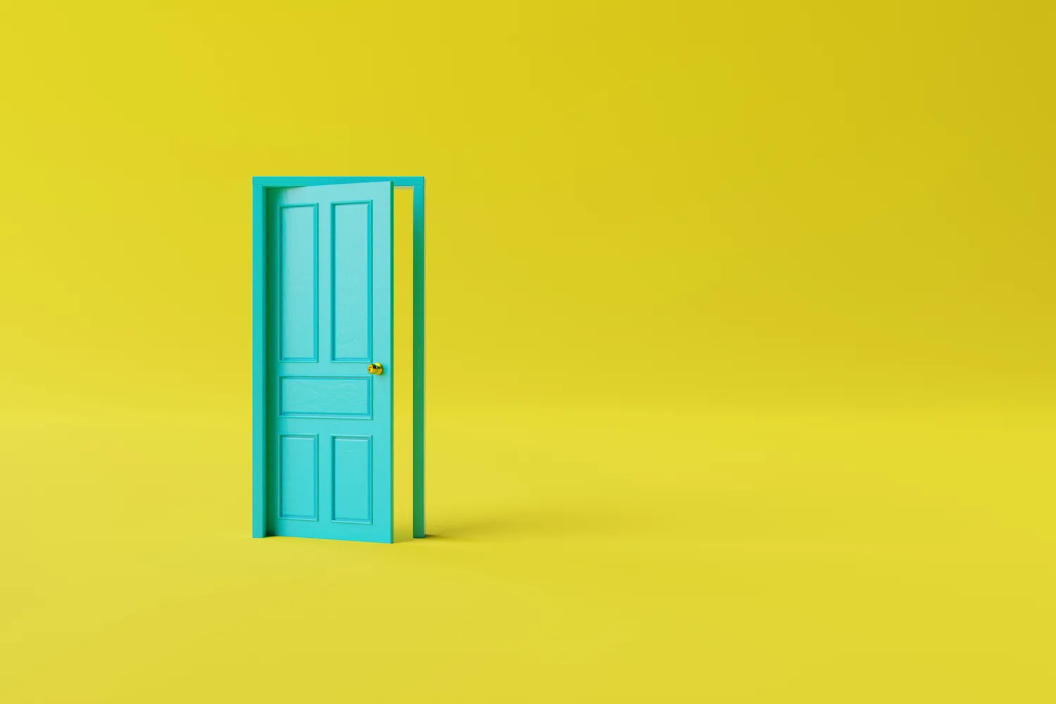 The closed turquoise door on a yellow background. The concept of making decisions, entering new places, crossing borders. 3d render, 3d illustration