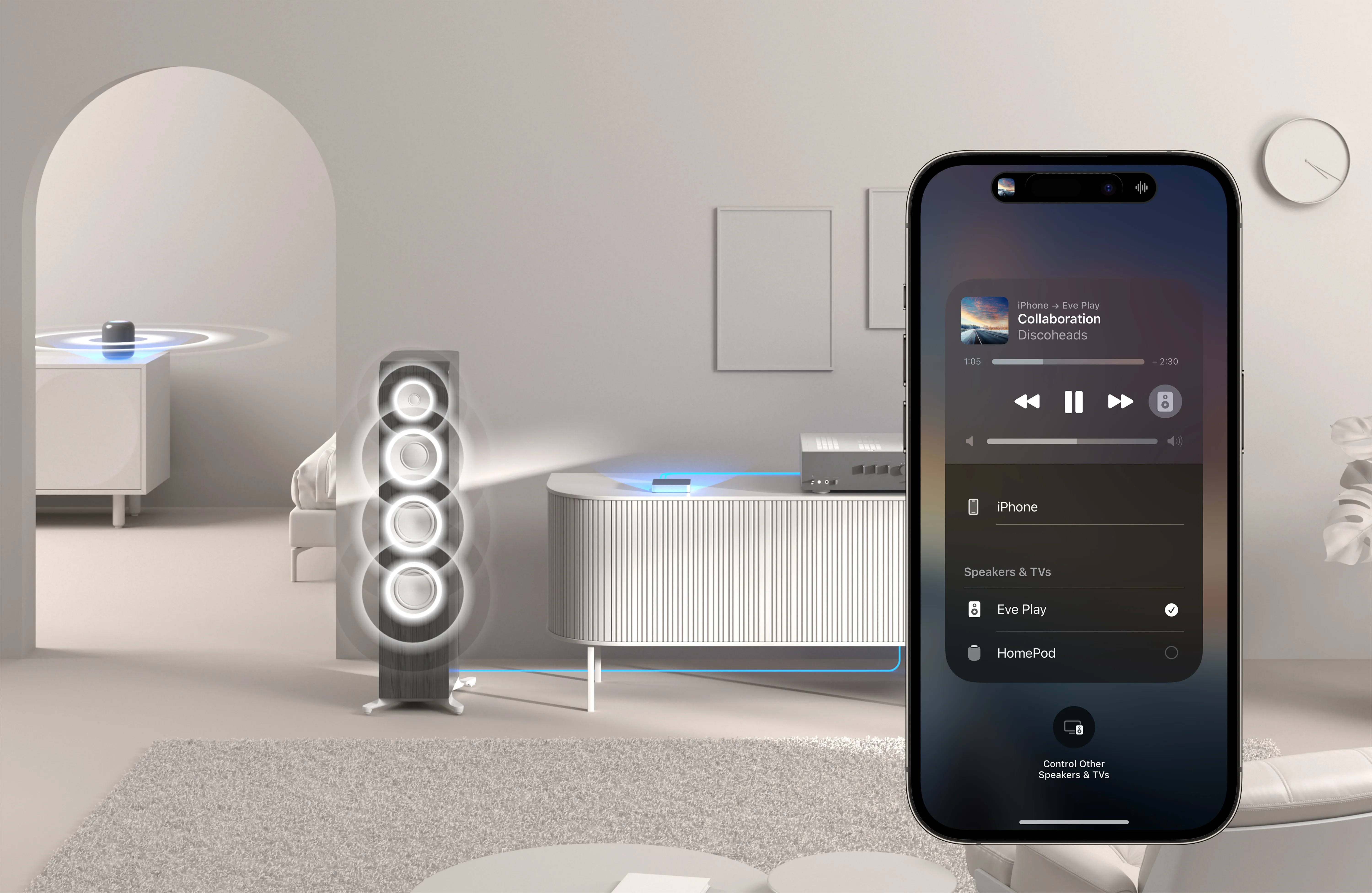 A rendering of the Eve Play streaming box connected to a stereo system with an iPhone showing the audio output screen.