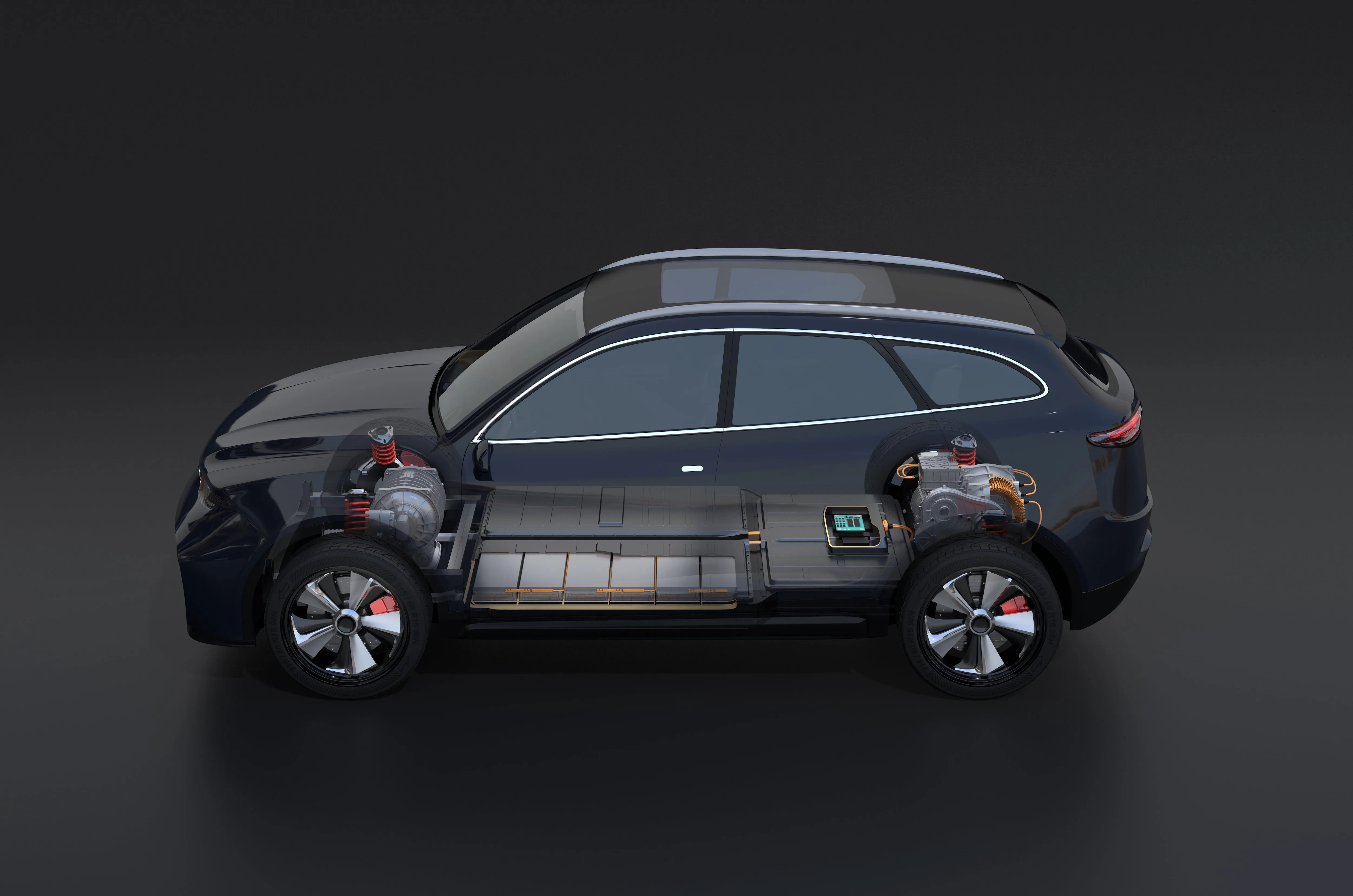 Cutaway view of an SUV with an electric drivetrain.