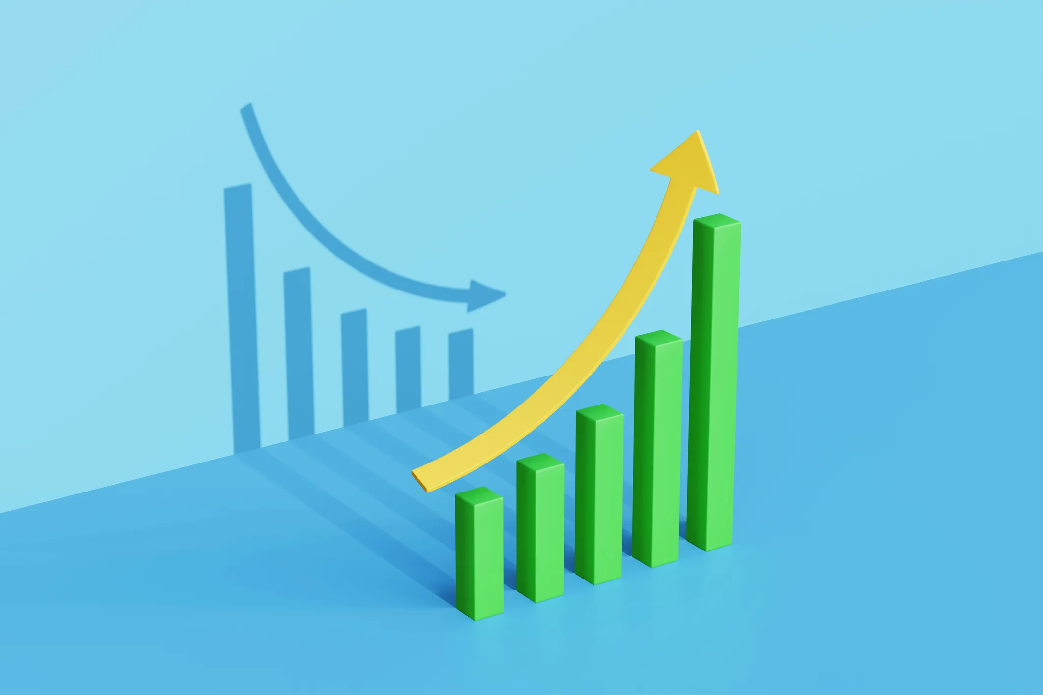 a green bar chart topped with an arrow going up to the right in front of its shadow which shows the opposite