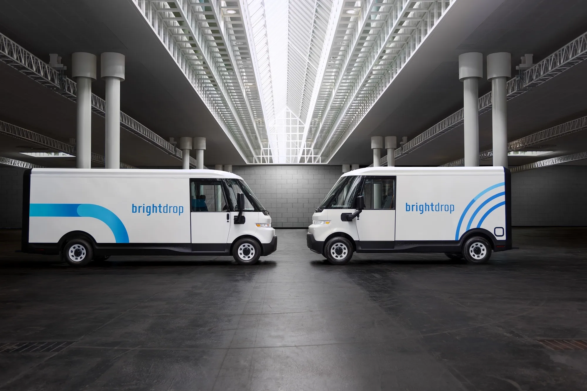 Two white and blue commercial vans, the one on the left is larger, are parked facing each other.