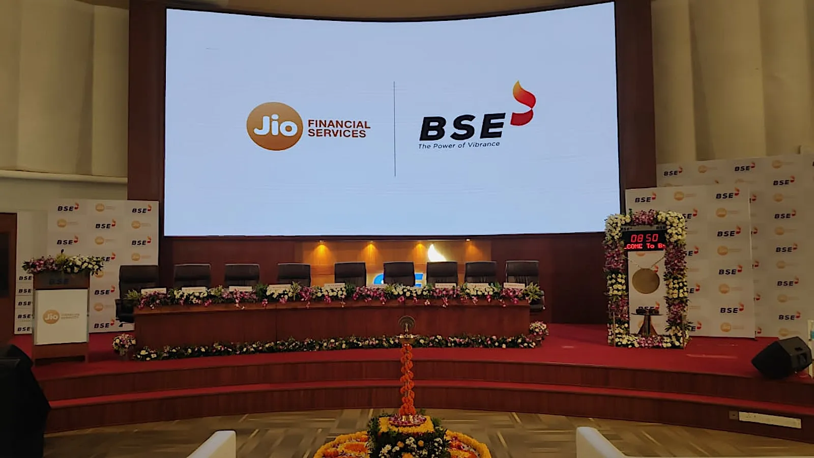 Jio Financial Services signage at Bombay Stock Exchange