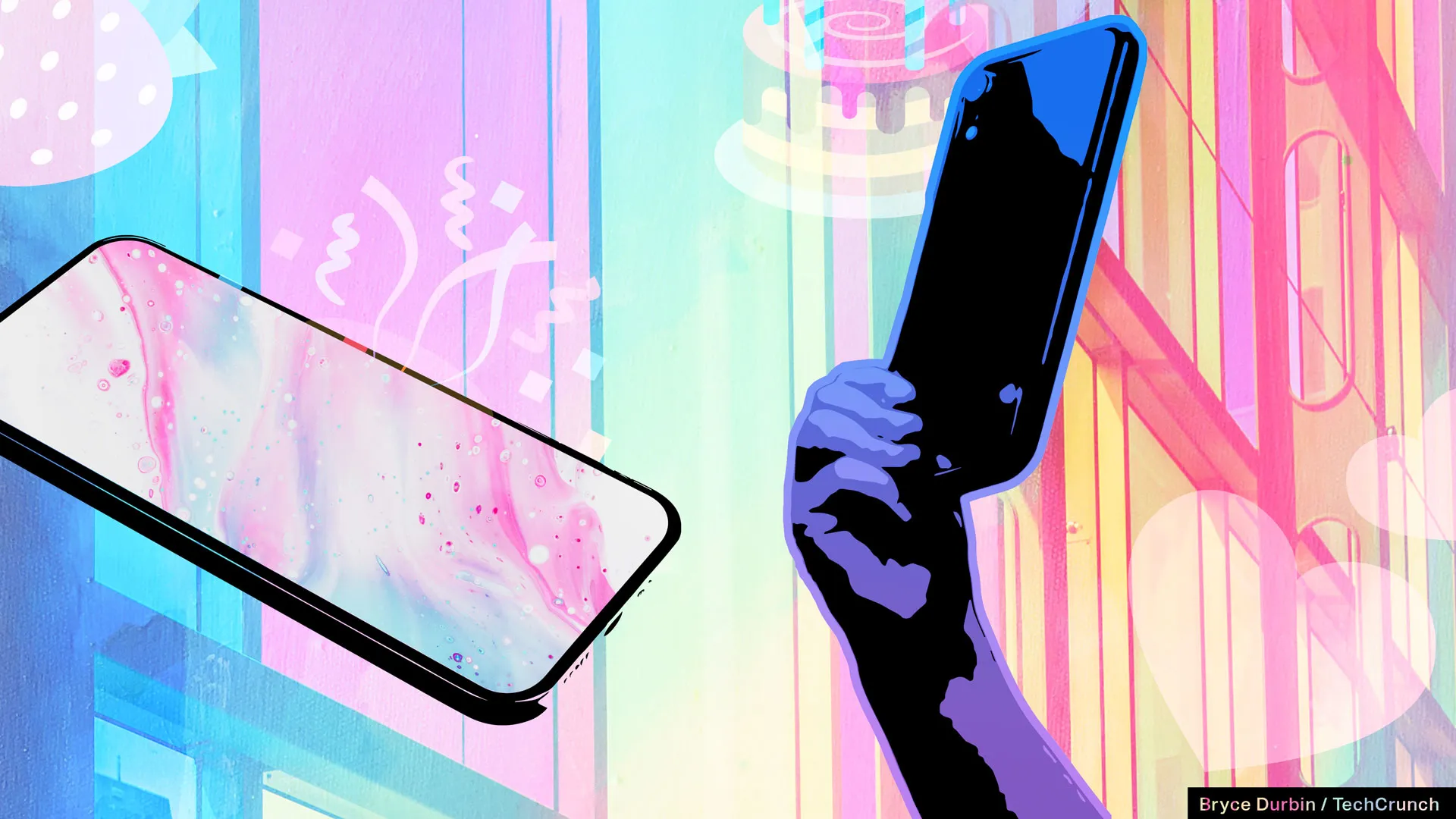 composite of child holding a phone, emoji, and colorful background