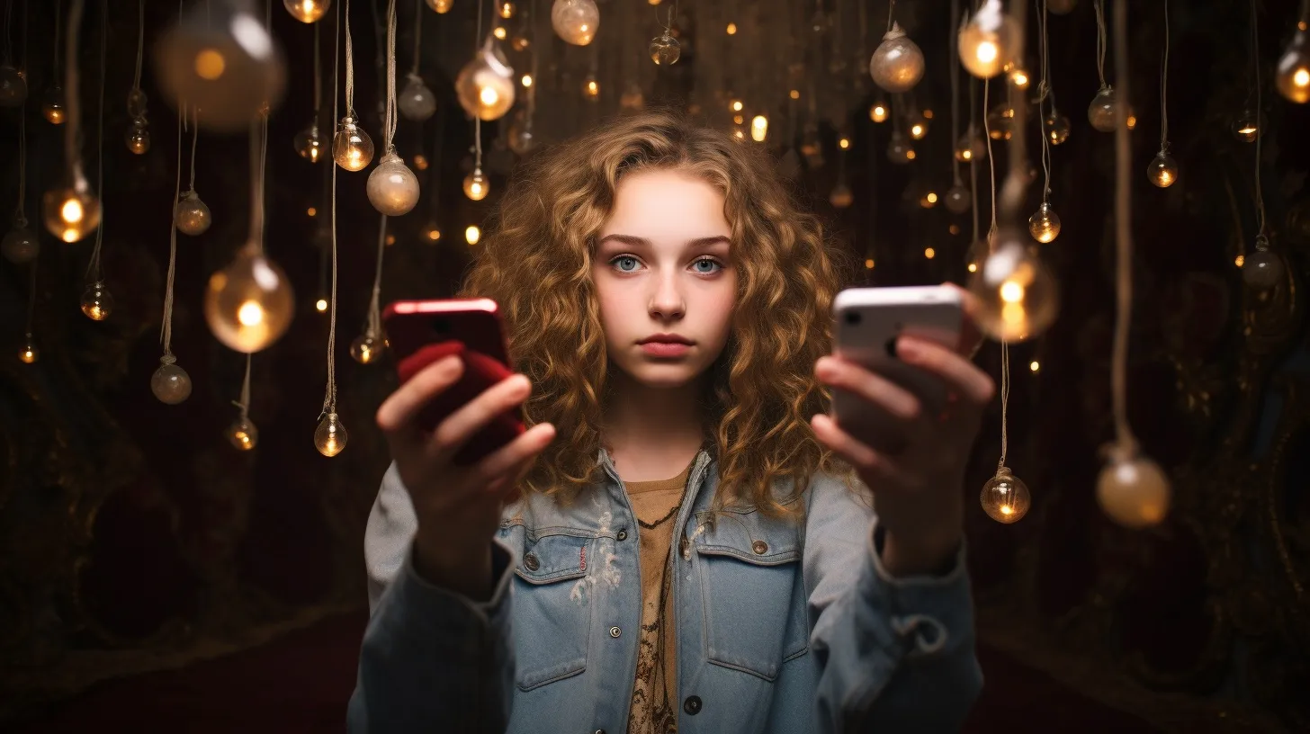 young woman holding iPhones, one in each hand