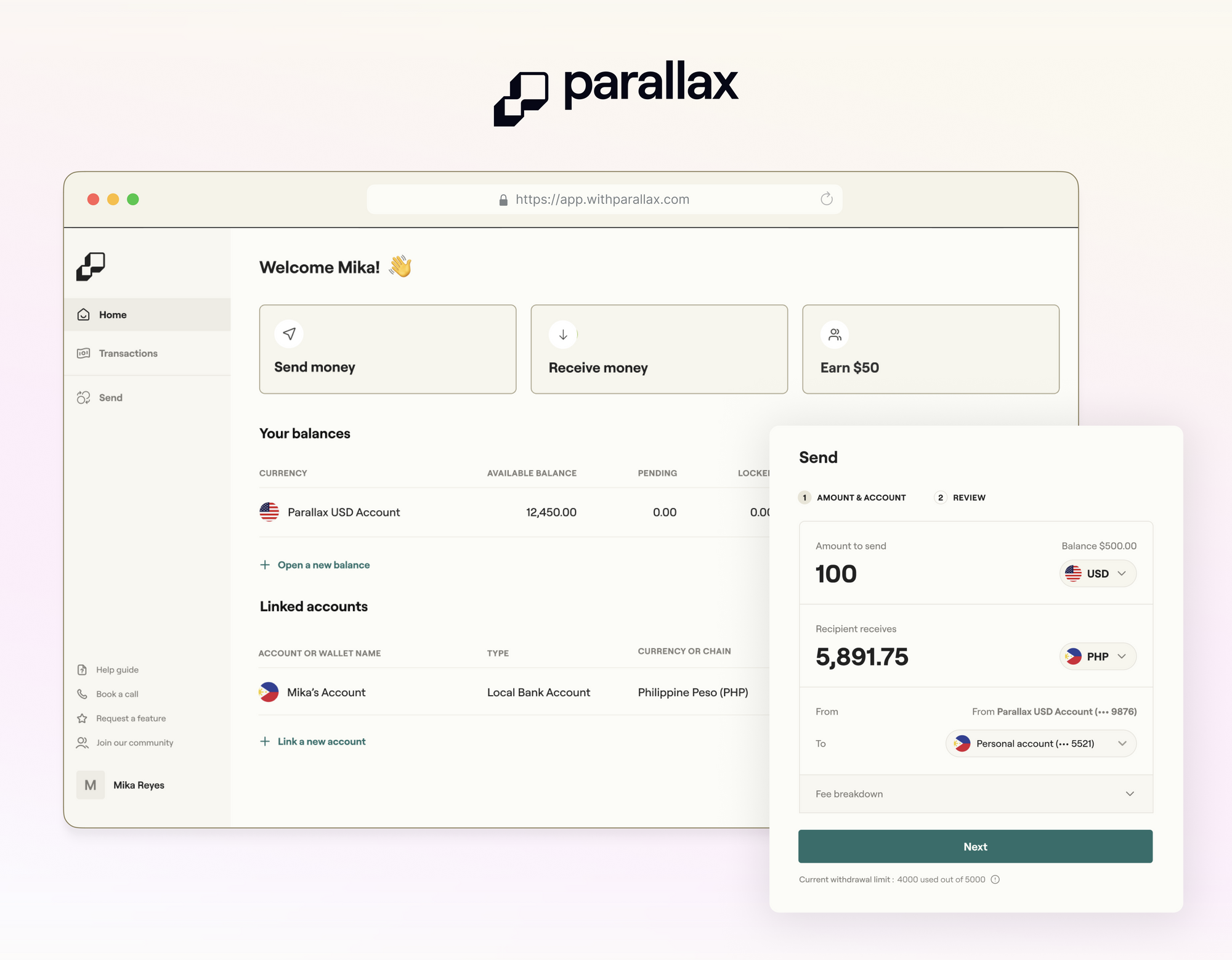Parallax's user interface for transferring and receiving money