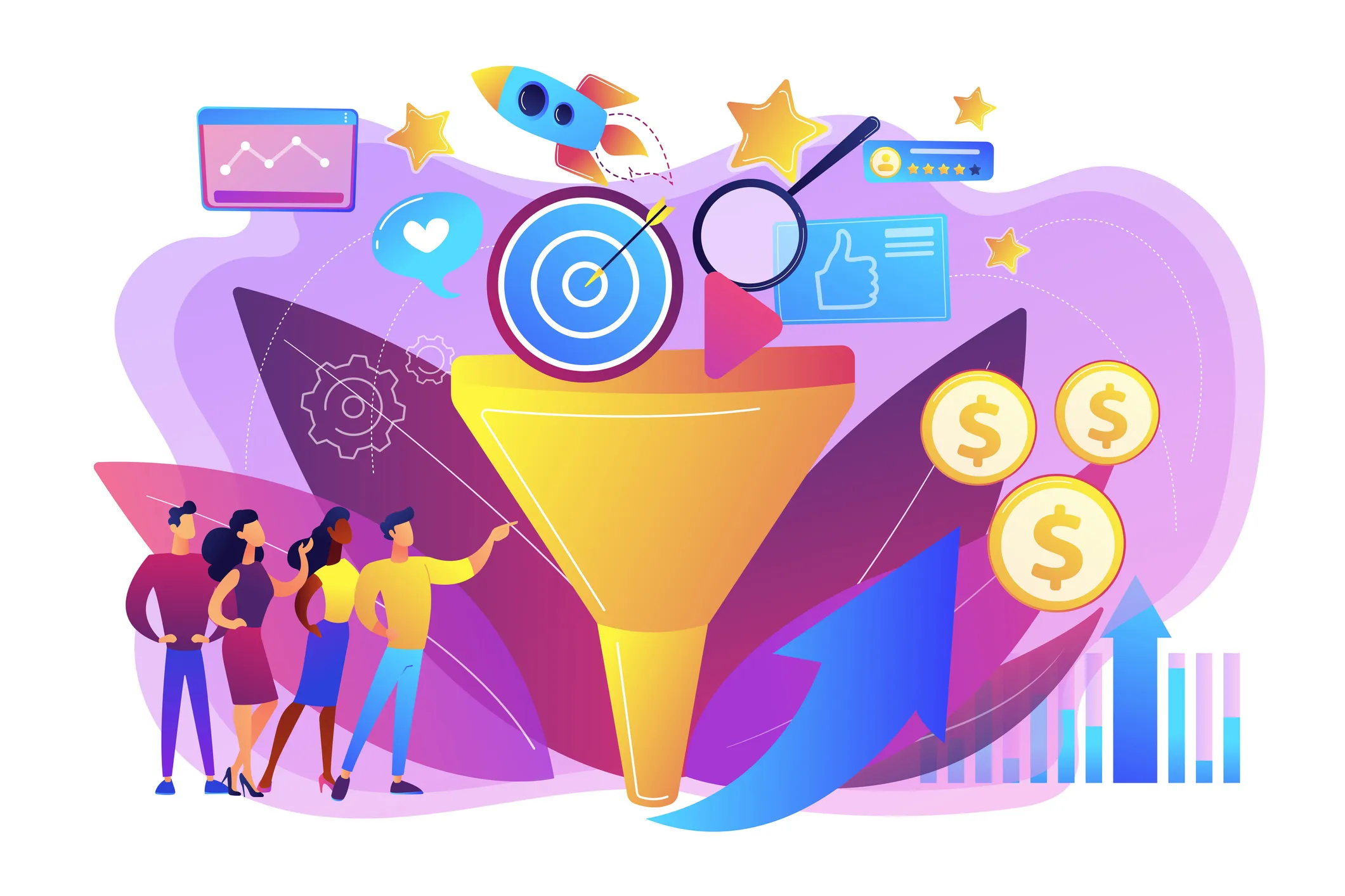 Illustration of four people standing around a sales funnel with dollar signs on the other side indicating sales are up.