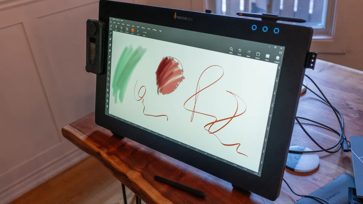 Xencelabs Pen Display 24 standing up on a table with the screen on