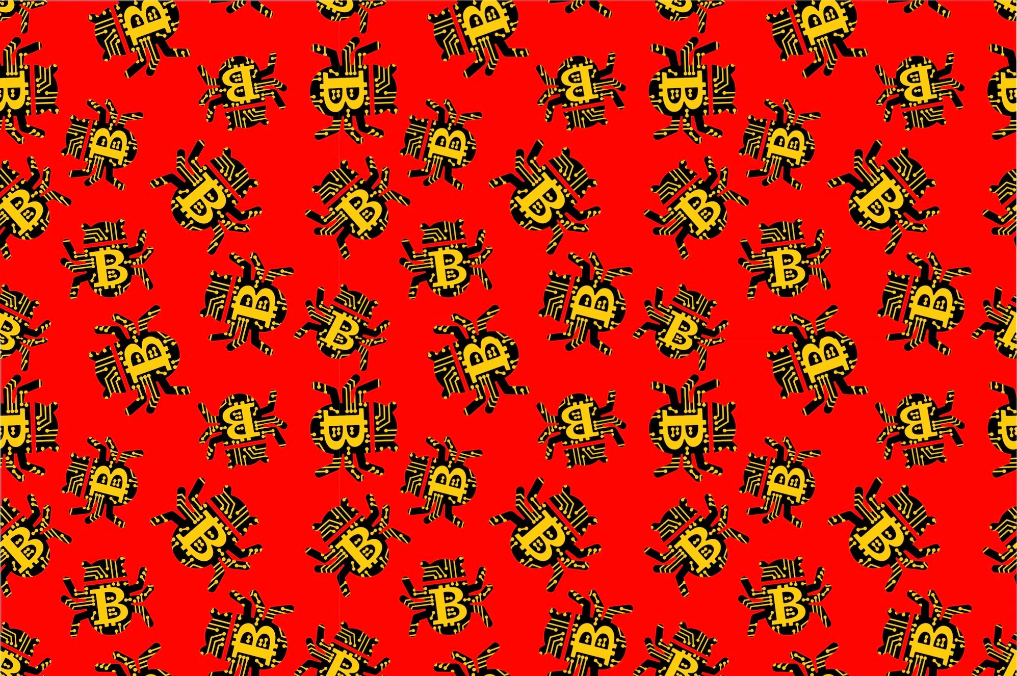 a sea of patterned green bugs with yellow bitcoin logos on them on a red background