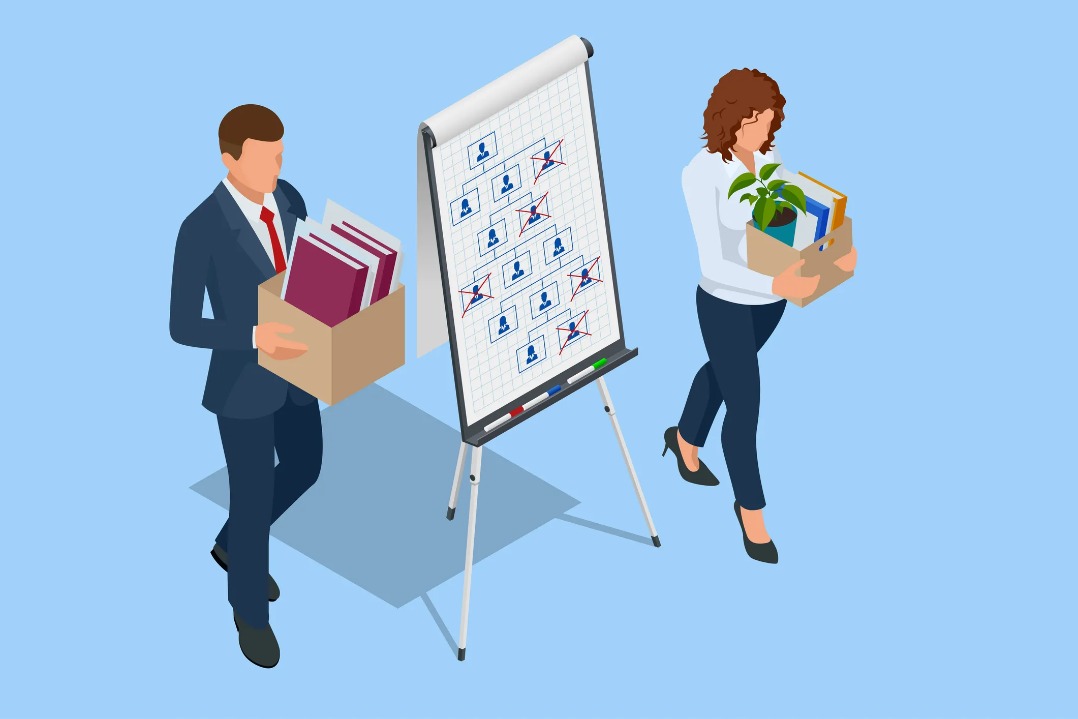 Isometric Layoffs and Dismissal. Workforce Reduction, Downsizing, Reorganization, Restructuring, Outsourcing. Unemployment, Jobless, Employee Job Reduction Metaphor. Sad Fired Office Worker with Box.