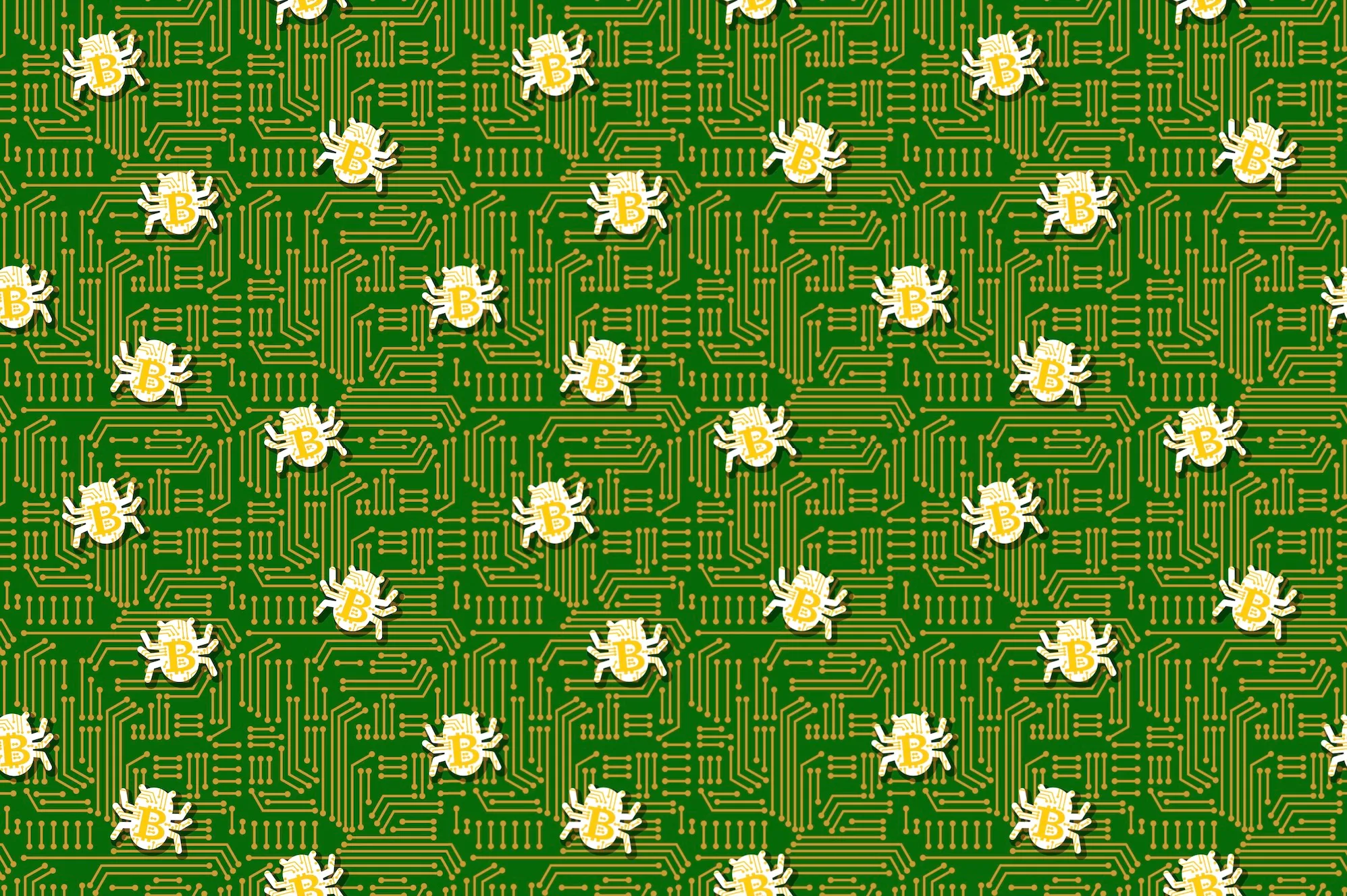 yellow cartoon bugs with bitcoin logos on a green illustratated circuit board, simulating crypto-related bugs and crypto thefts
