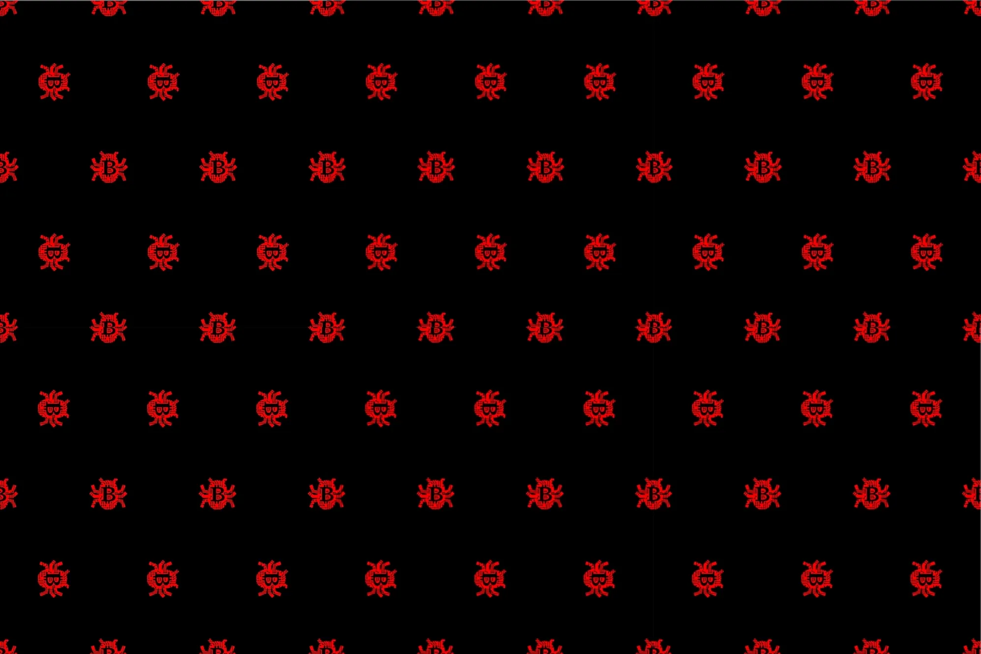 bug-shaped images in red featuring bitcoin logos on a black background