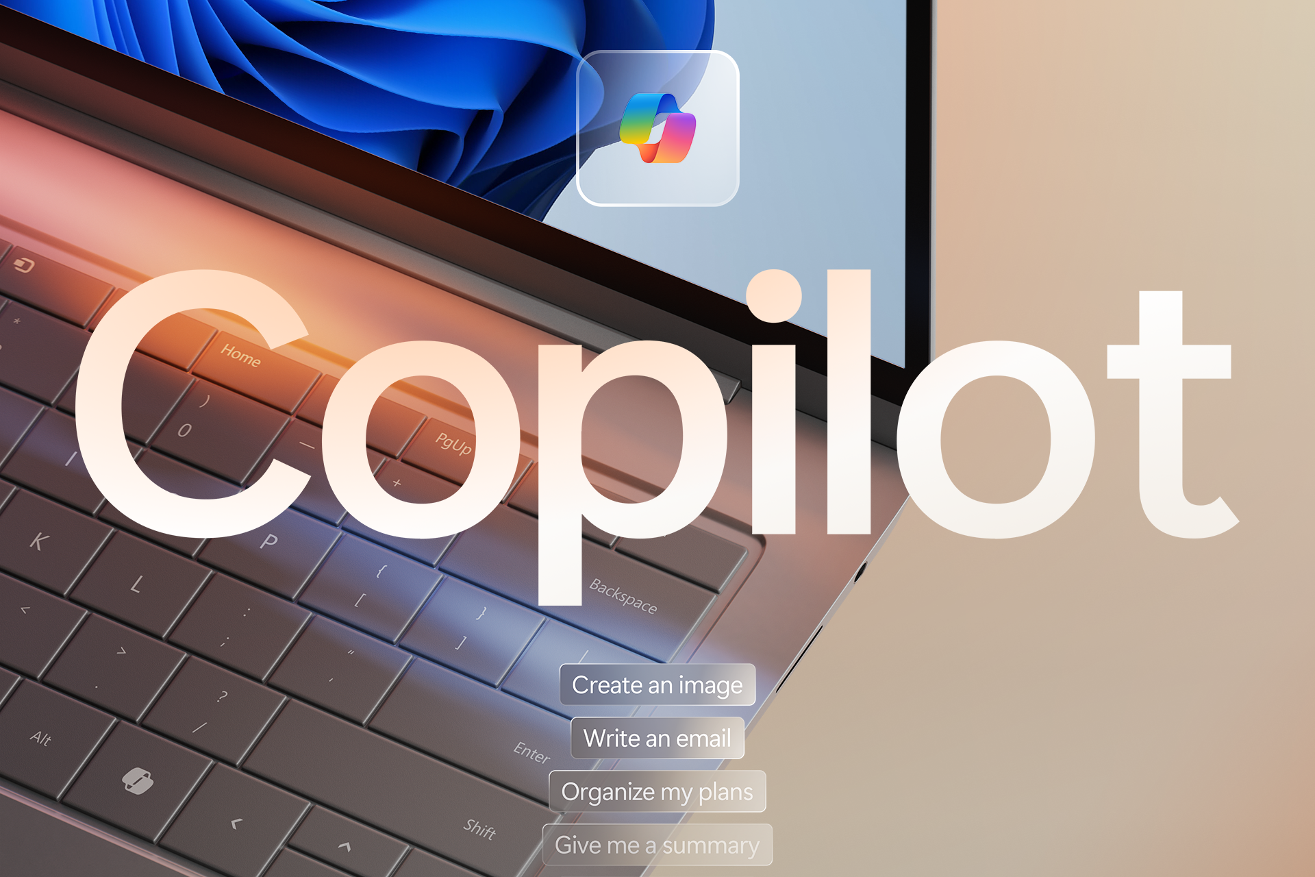 Microsoft Copilot logo with laptop as backdrop