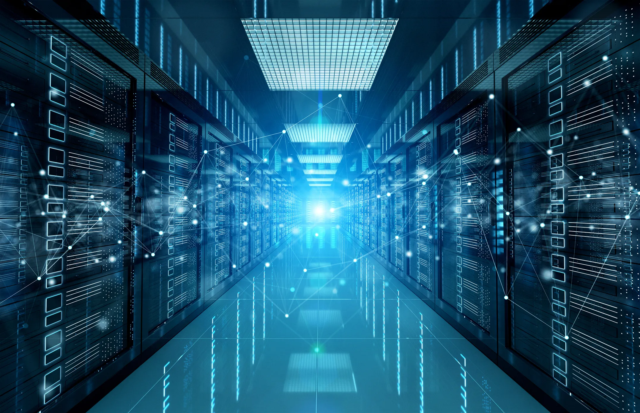 Blue tinted server room with overlay showing connections between the different equipment racks.