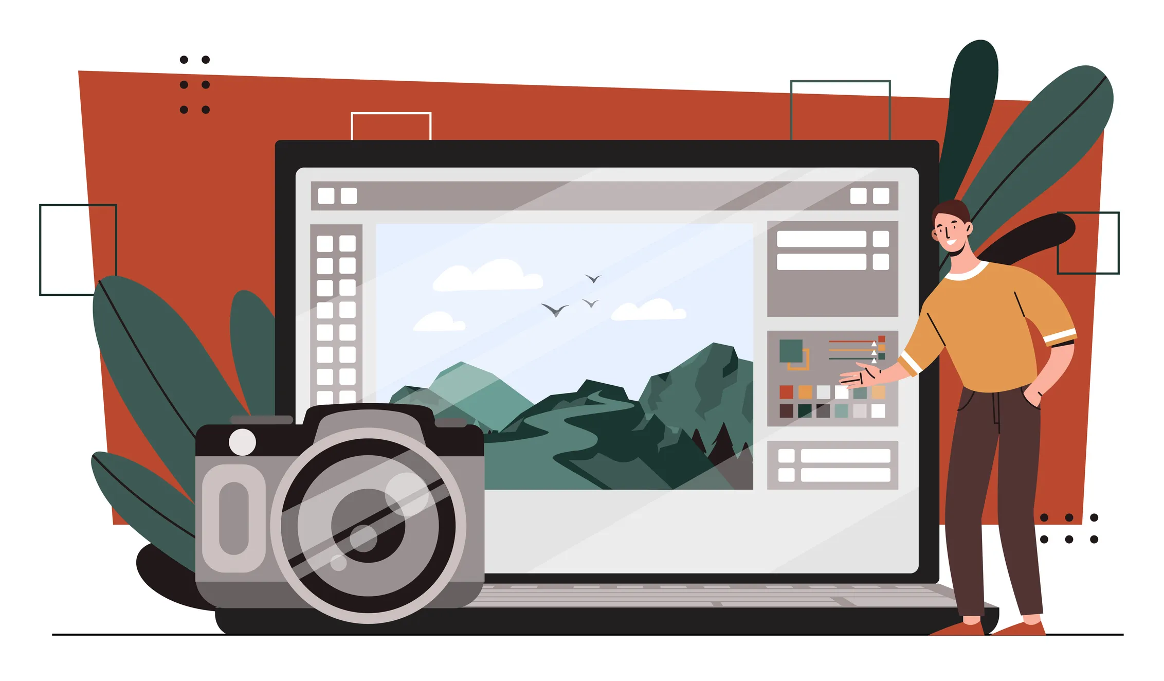 Illustration of computer with camera in front of it and man standing to the side. The software is to work with the photo.