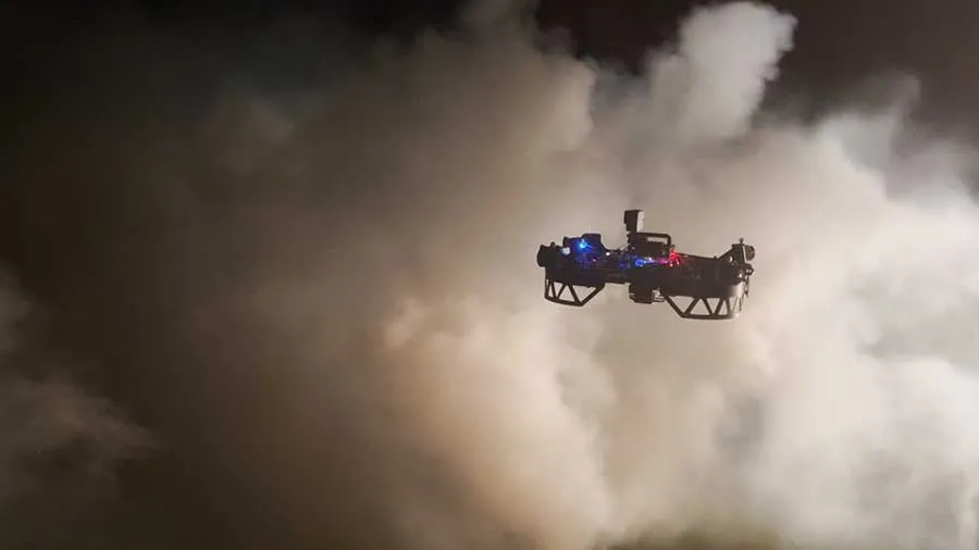 CMU drone flying above wildfire