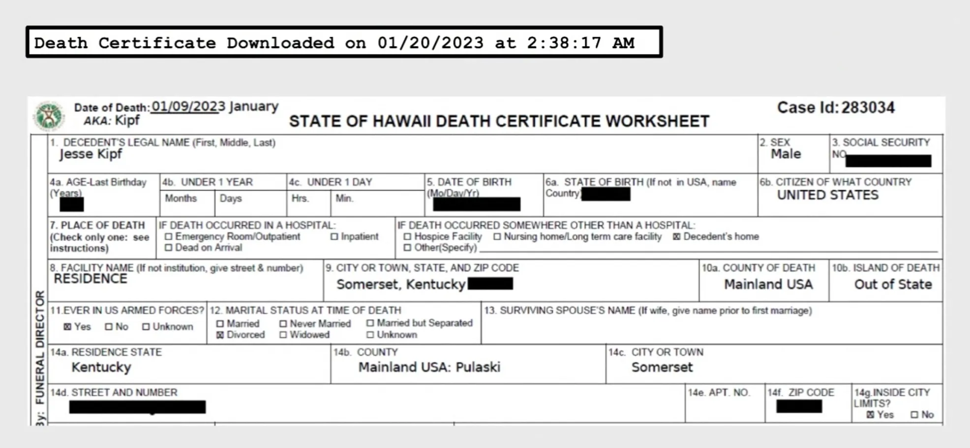 A photo of the fake death certificate filed by Jesse Kipf using a doctor’s stolen credentials.