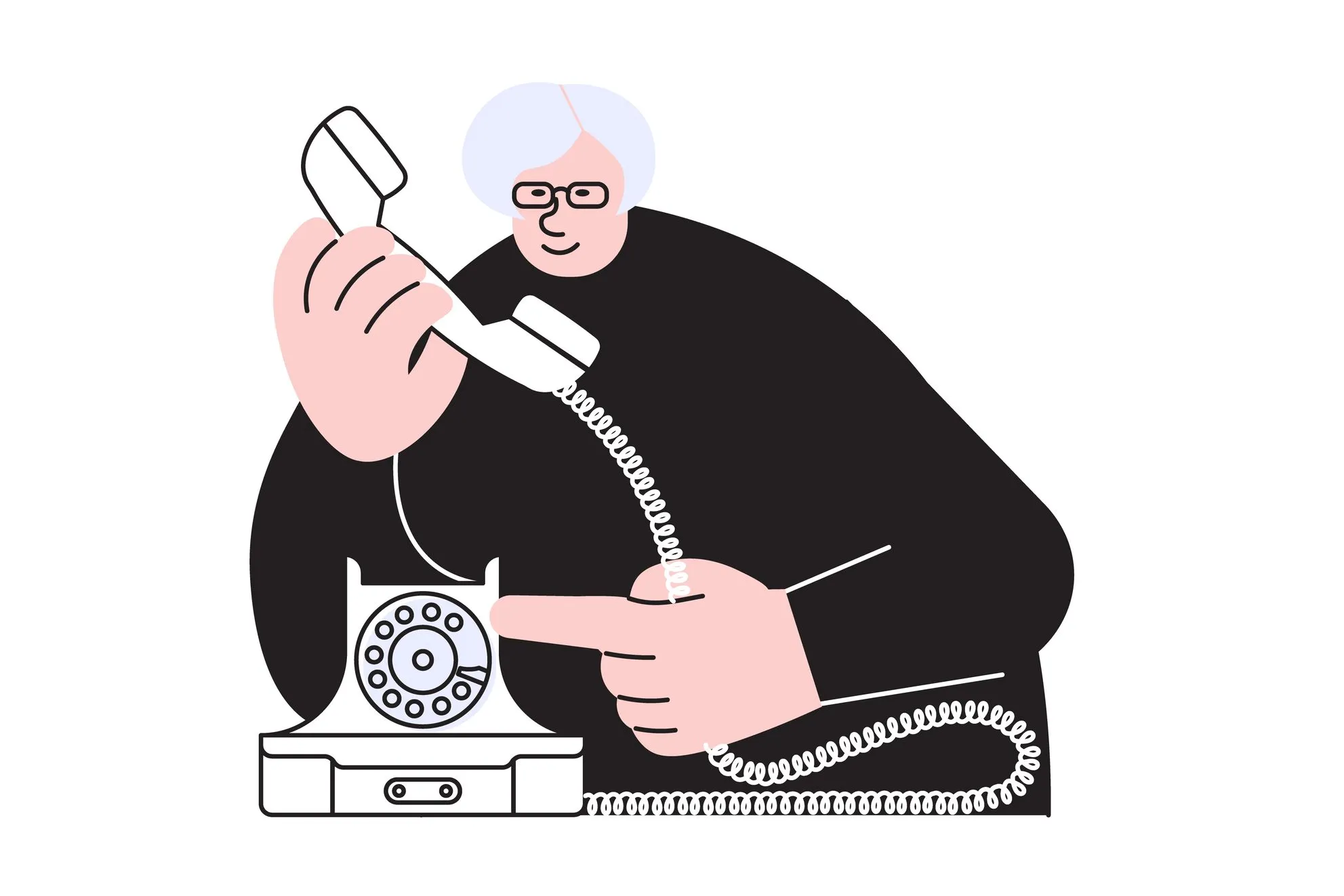 Elderly woman speaking by retro phone.