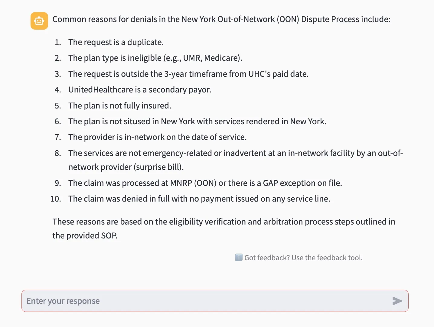 a screenshot from Optum's AI chatbot, used by employees, which lists "Common reasons for denials in the New York Out-of-Network (OON) Dispute Process include:" followed by a list of reasons, including The request is a duplicate. 2. The plan type is ineligible (e.g., UMR, Medicare). 3. The request is outside the 3-year timeframe from UHC's paid date.