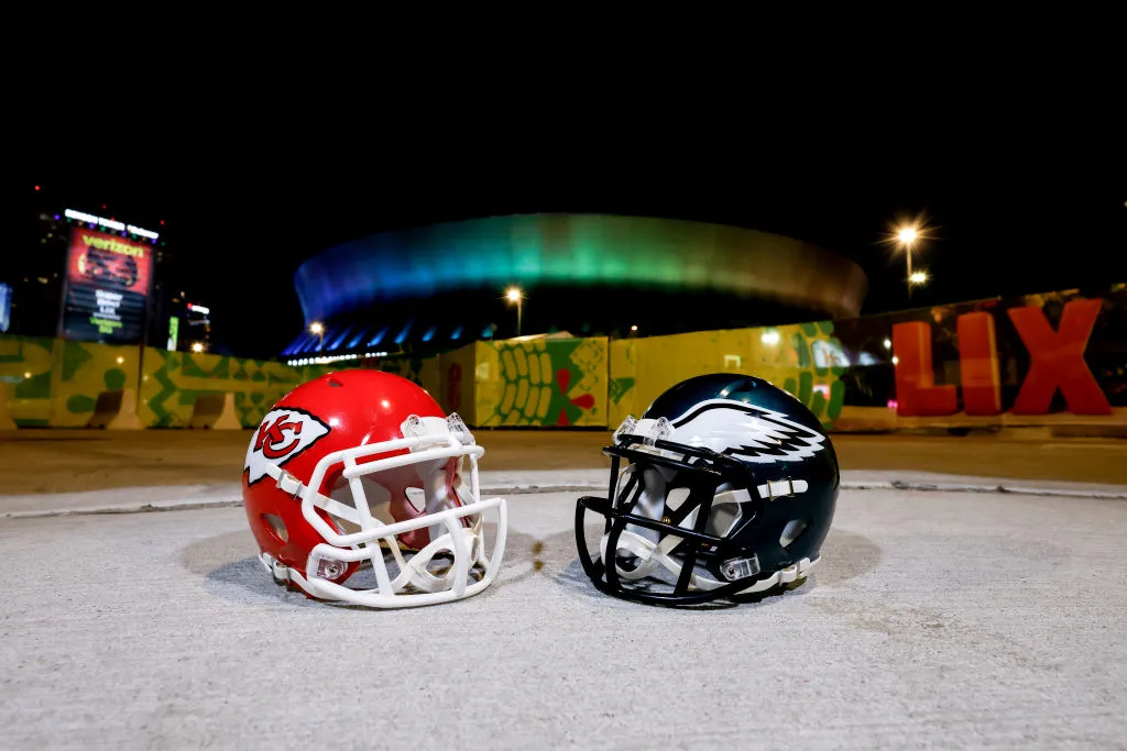 The helmets of the Kansas City Chiefs and the Philadelphia Eagles in front of the Caesars Superdome prior to Super Bowl LIX