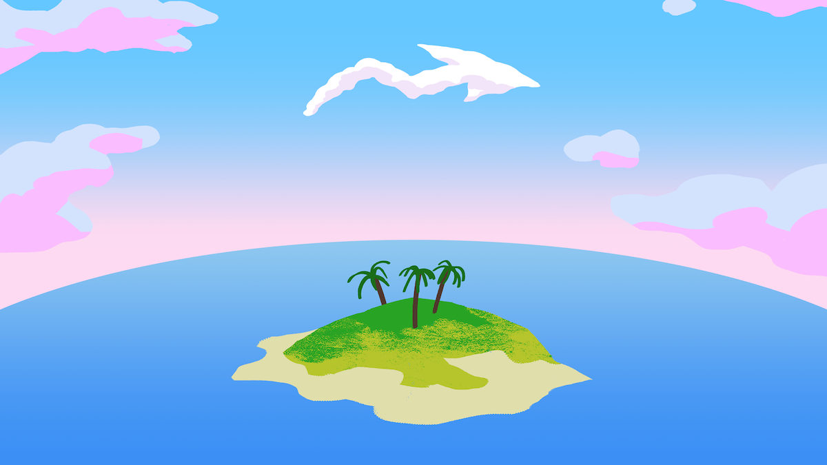 drawing of 3 palm trees on small island in large sea